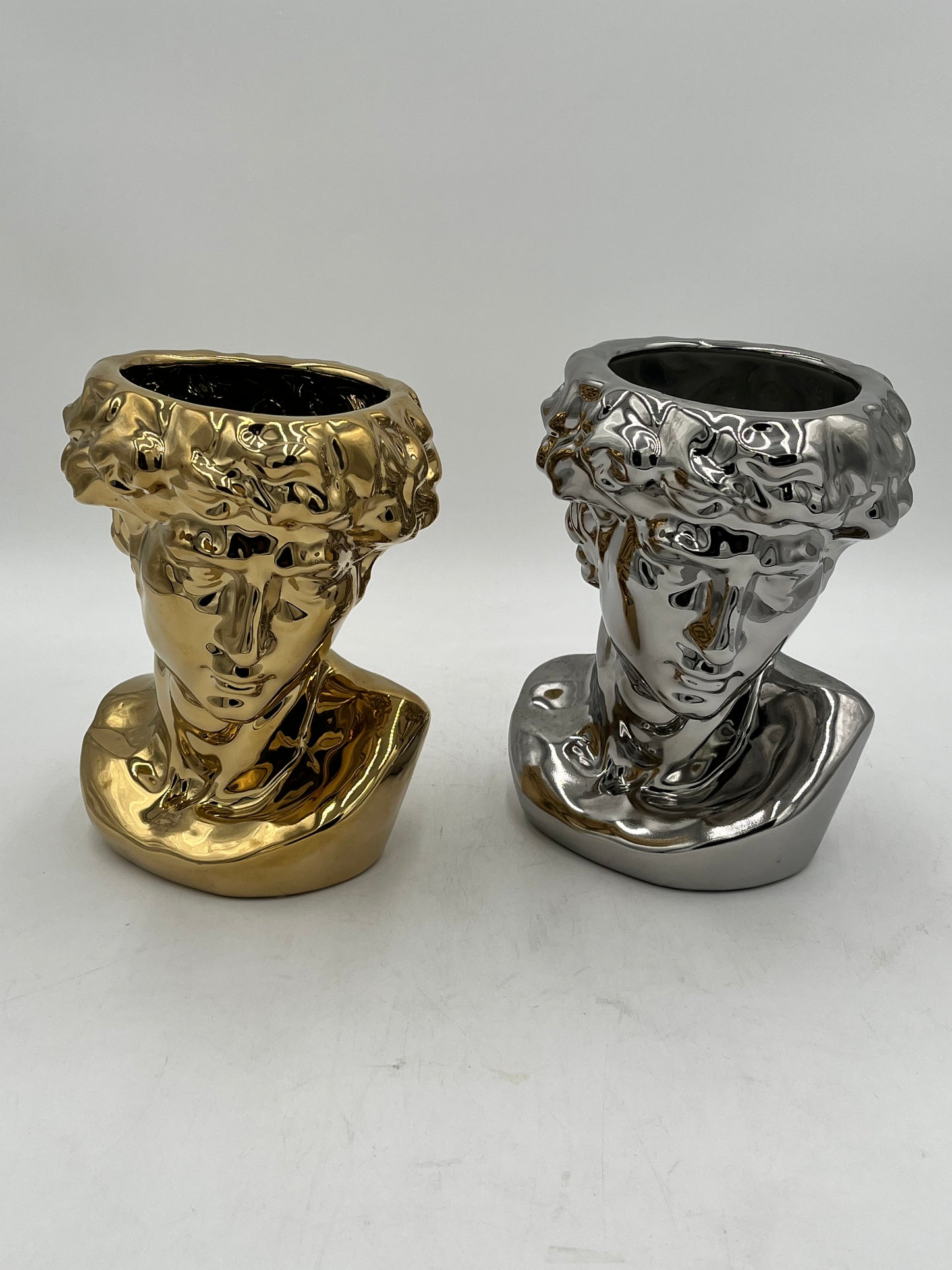 Gold and silver ceramic bust vases with reflective finish, titled Apollo Gaze — modern artistic décor sold by floralsuppliespoint1.com for $14.99 each