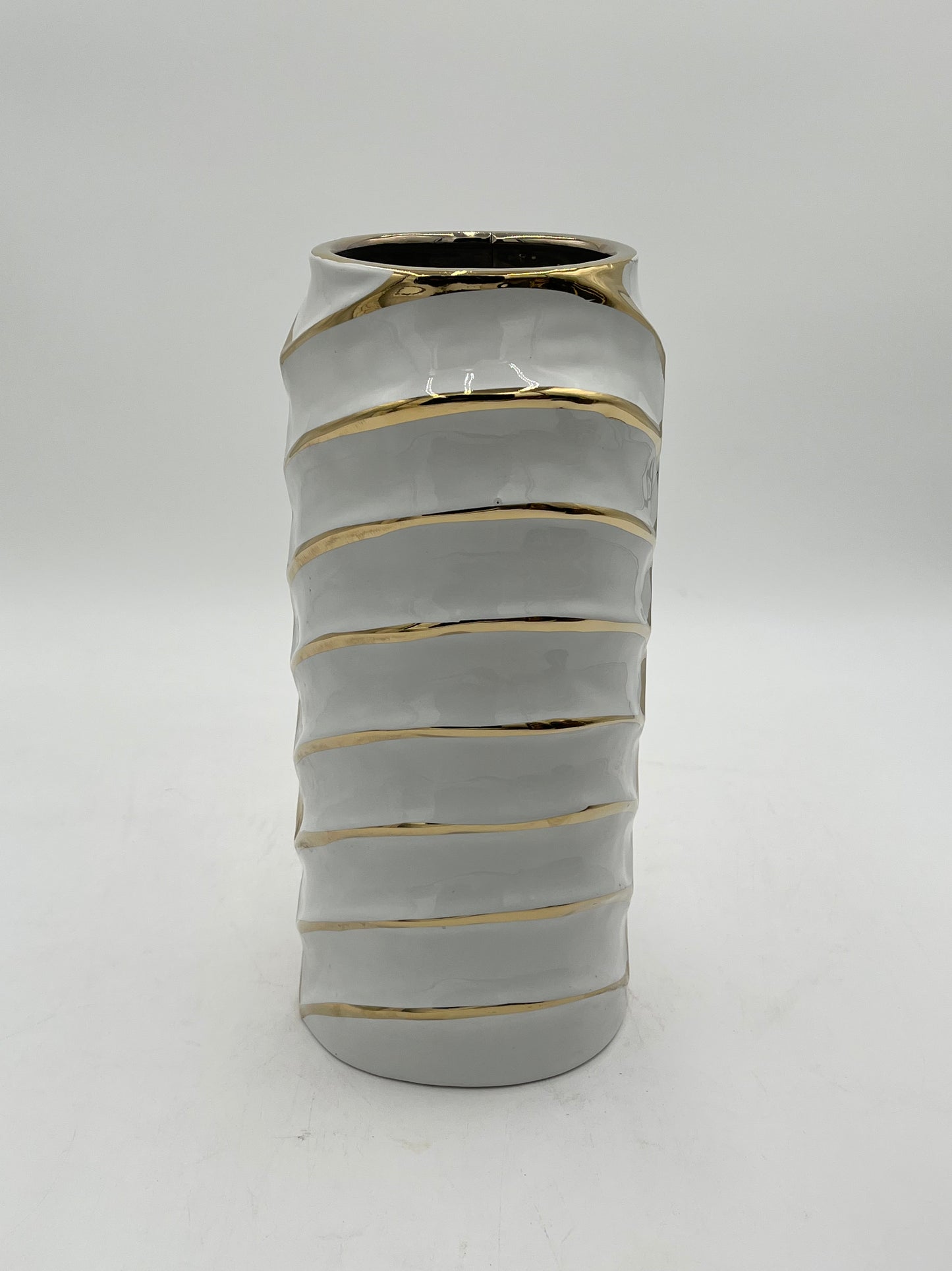 12 x 4 ceramic vases with a modern chevron design with gold accents in white, sold by floralsuppliespoint1.com