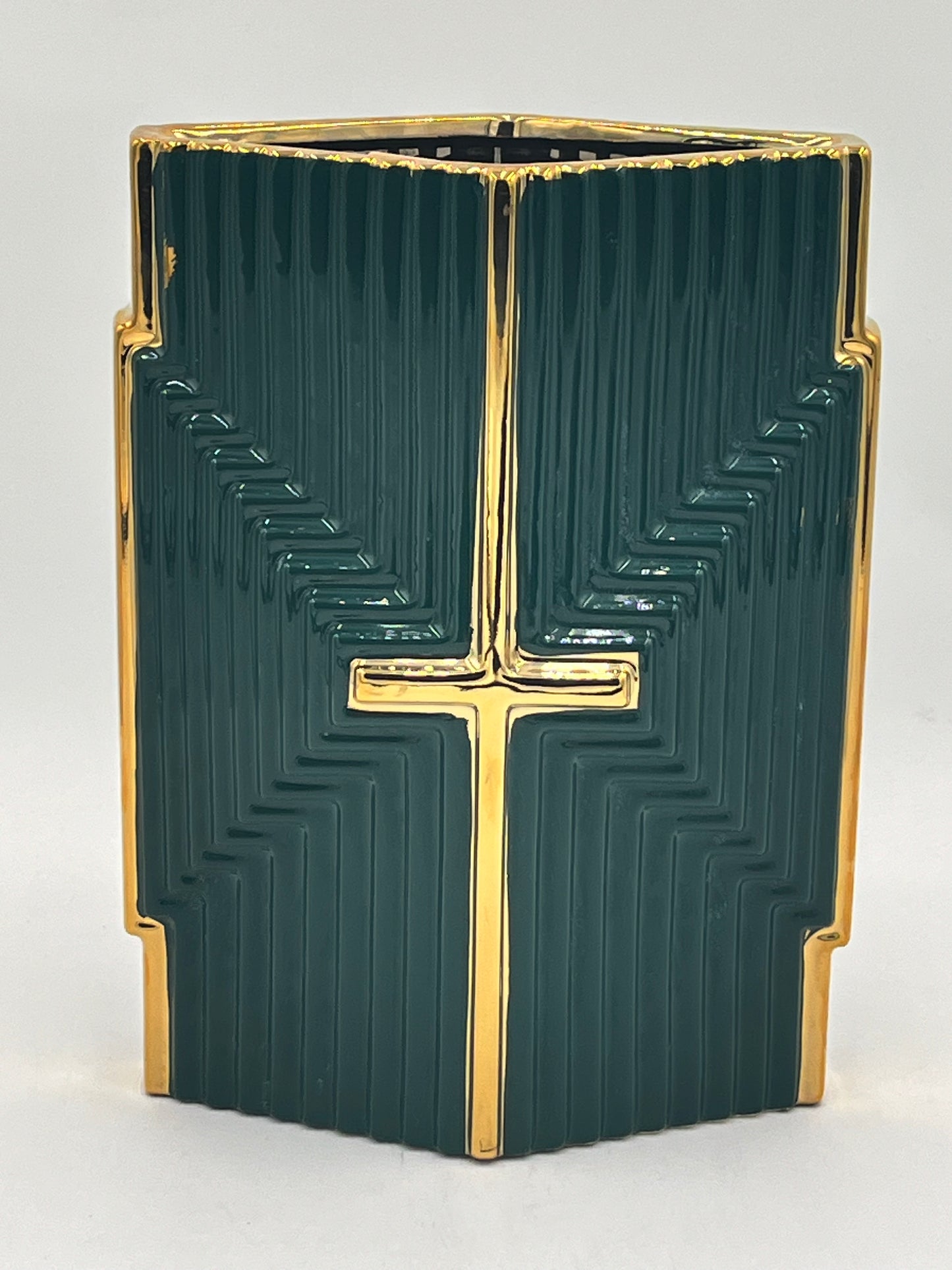 A cross-embossed ceramic vase in deep green with gold detailing, measuring 11" x 7.5" and weighing 4.40 lbs, available at floralsuppliespoint1.com.