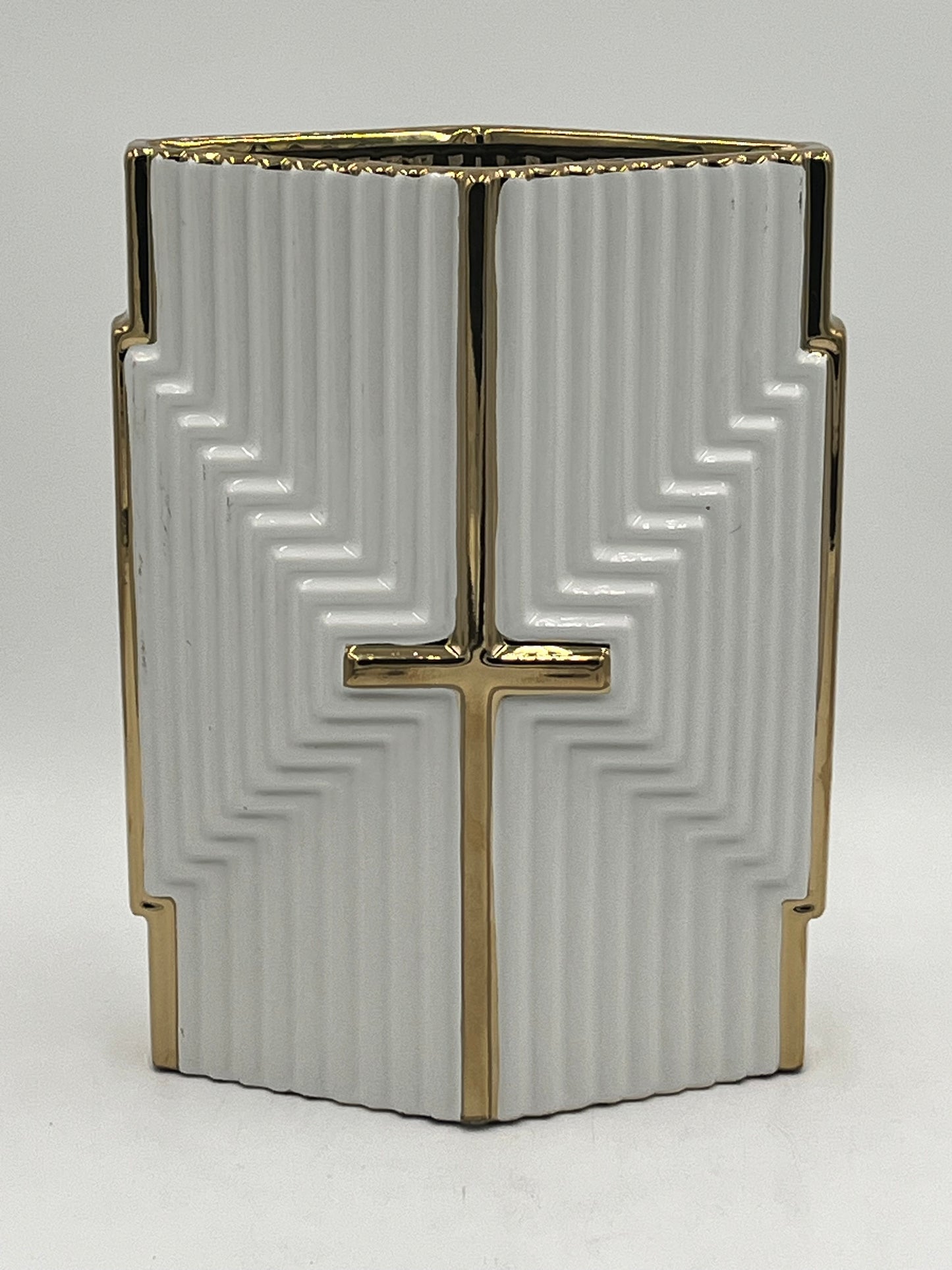 A cross-embossed ceramic vase in white with gold detailing, measuring 11" x 7.5" and weighing 4.40 lbs, available at floralsuppliespoint1.com.
