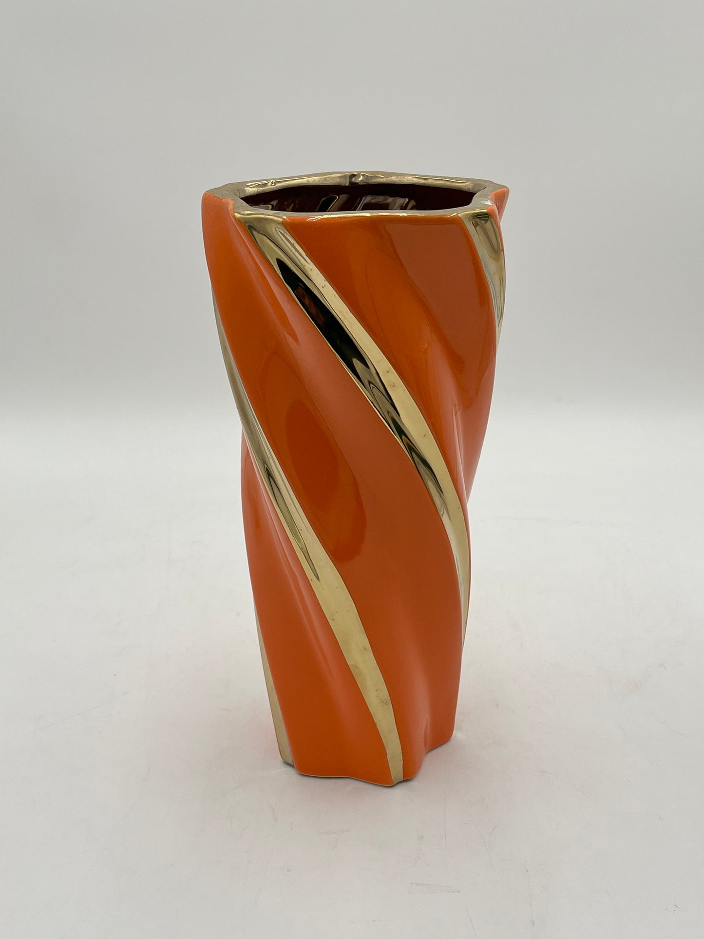 Gilded Helix ceramic vases with gold swirl in Orange. Available in Large size for $19.99 by floralsuppliespoint1.com.