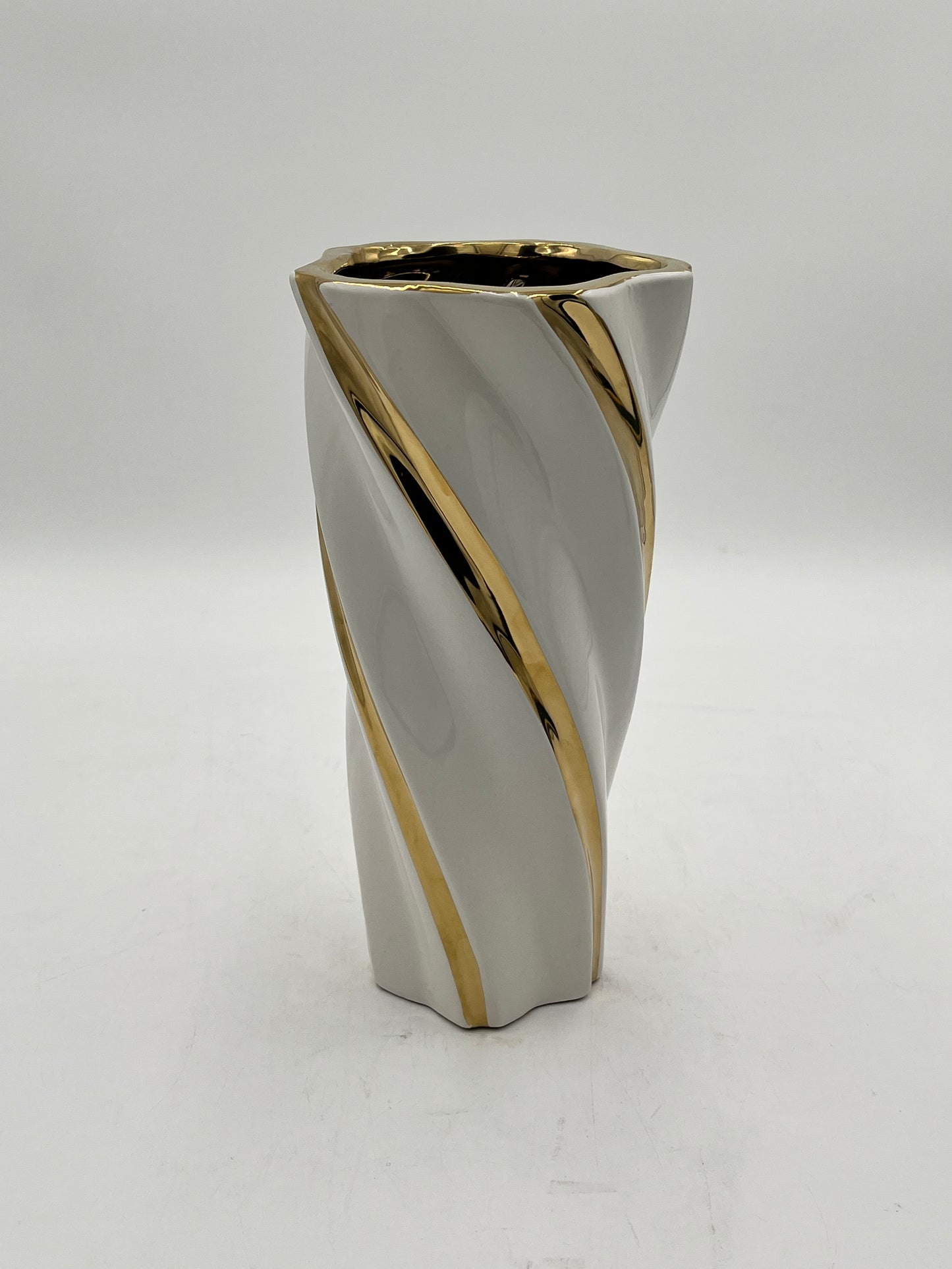Gilded Helix ceramic vases with gold swirl in White. Available in Large size for $19.99 by floralsuppliespoint1.com.