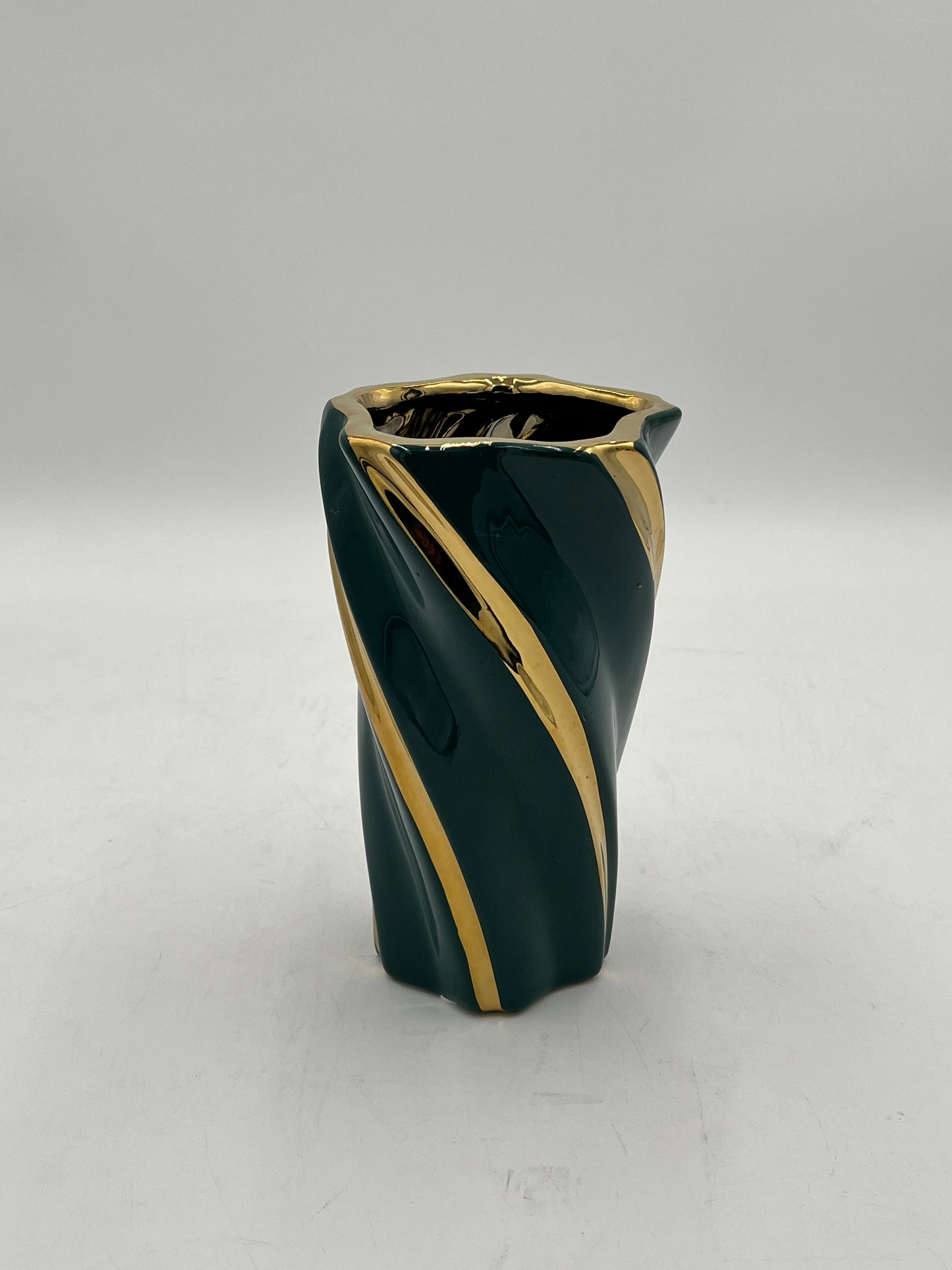 Gilded Helix ceramic vases with gold swirl in Green. Available in Medium size for $14.99 by floralsuppliespoint1.com.