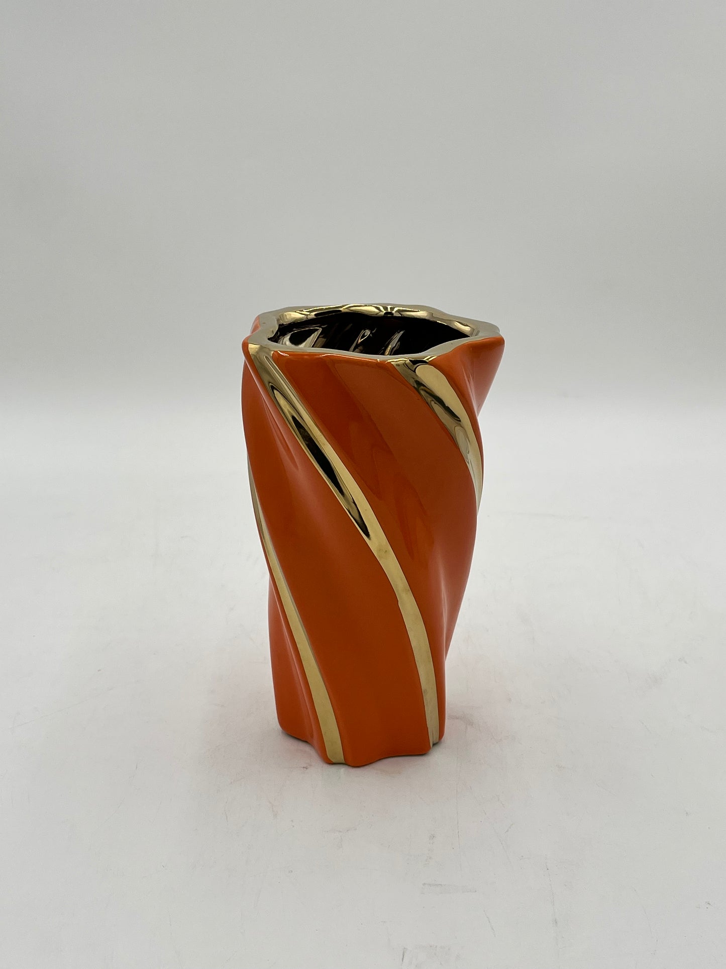 Gilded Helix ceramic vases with gold swirl in Orange. Available in Medium size for $14.99 by floralsuppliespoint1.com.