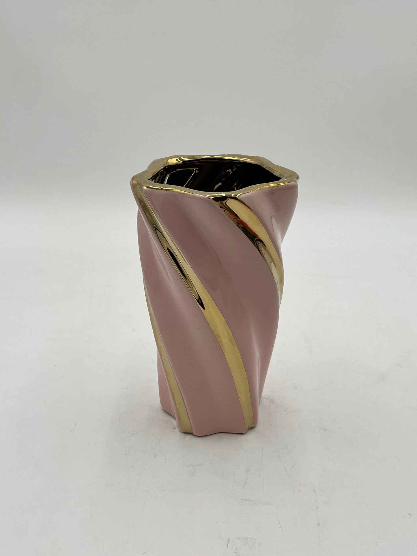 Gilded Helix ceramic vases with gold swirl in Pink. Available in Medium size for $14.99 by floralsuppliespoint1.com.