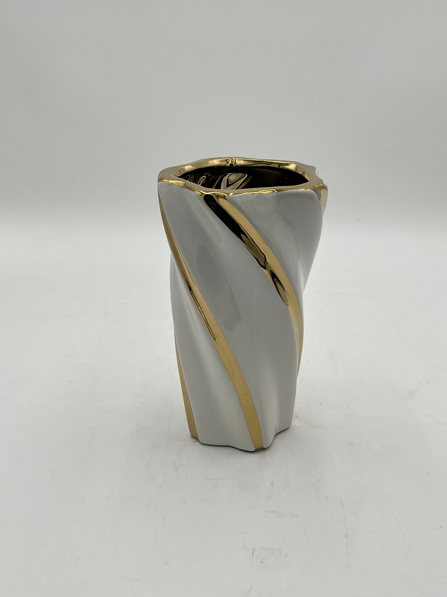 Gilded Helix ceramic vases with gold swirl in White. Available in Medium size for $14.99 by floralsuppliespoint1.com.