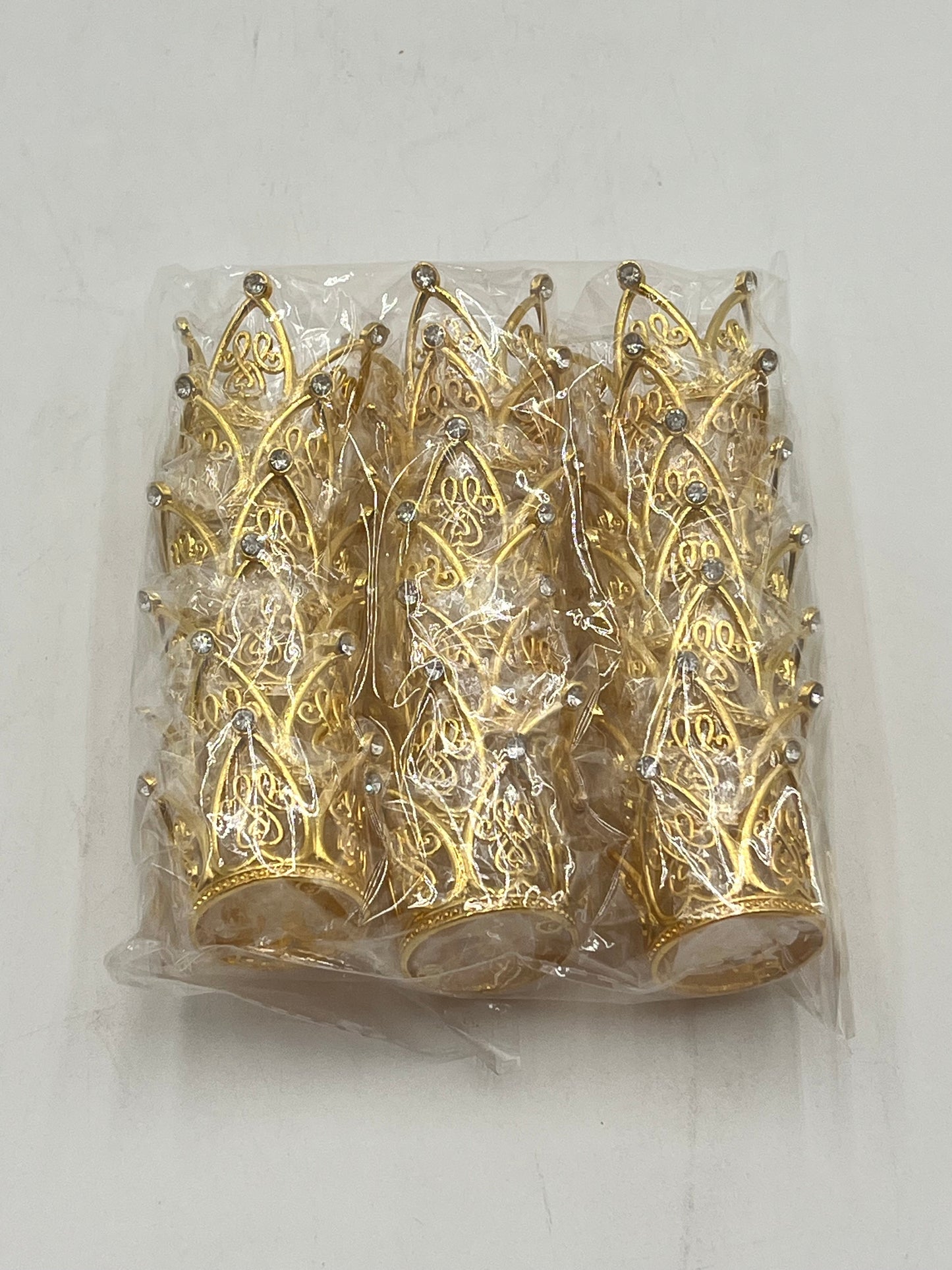 Mini gold crowns 20 pack for floral arrangements, cakes, and party favors. Perfect for weddings, showers & crafts. Sold individually or wholesale by floralsuppliespoint1.com