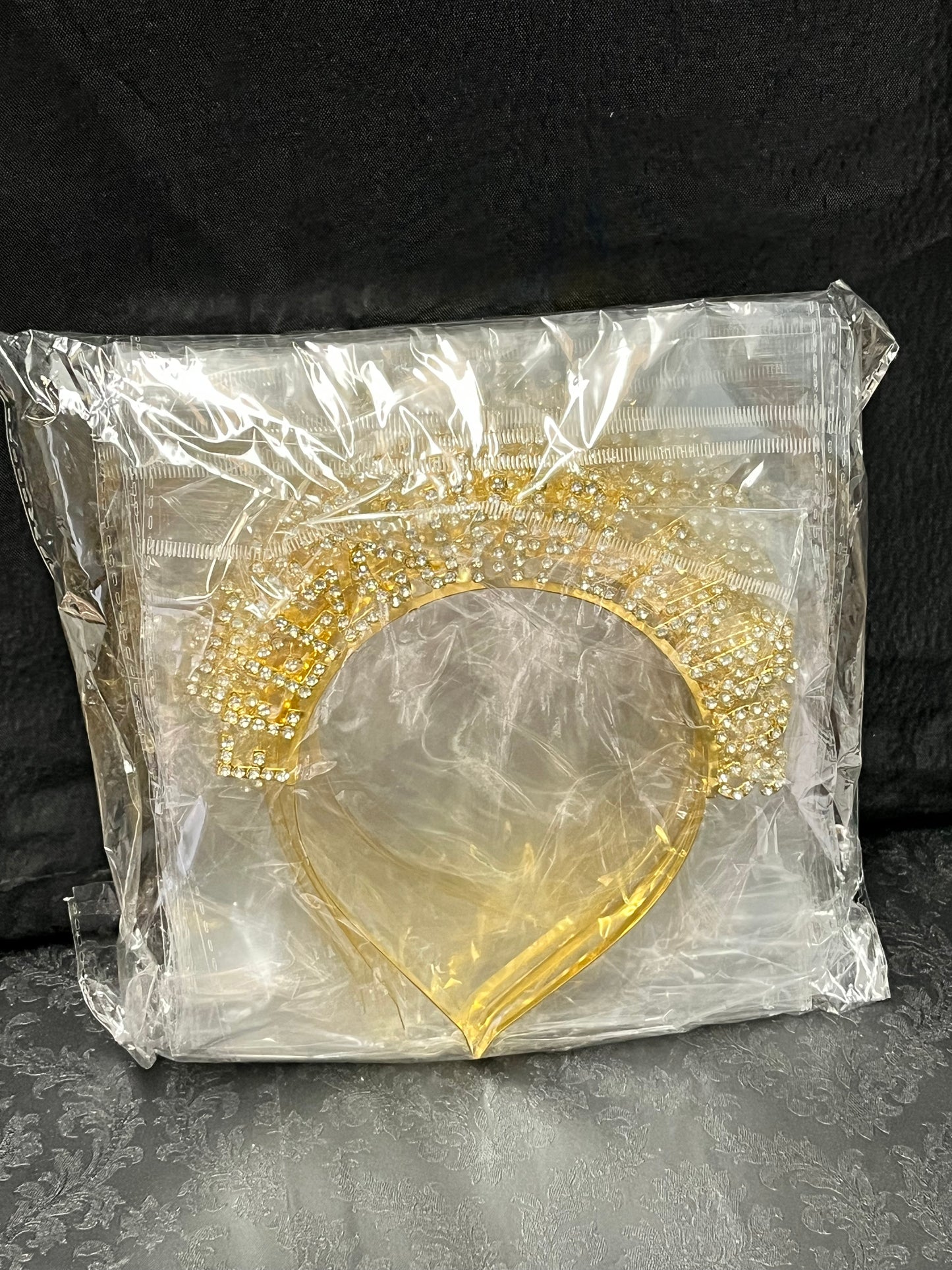 Gold Rhinestone "Feliz Cumpleaños" headbands, 5" tall, sold wholesale (10 Pack) by floralsuppliespoint1.com.
