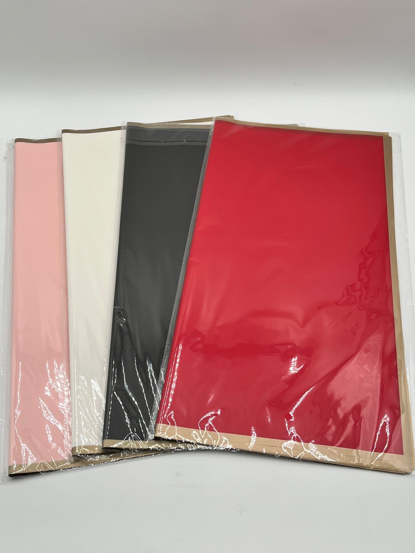 Gold Trim Collection floral wraps – 22x22” sheets (20 pack) a Luxe floral presentation. Available in 4 colors for $9.99 by floralsuppliespoint1.com