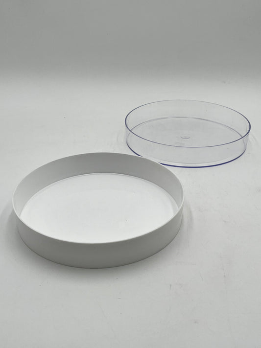 9” round floral tray,1.5” deep in white & clear. Durable, stylish, ideal for events, perfect for foam-based fresh or artificial flowers. Sold by floralsuppliespoint1.com