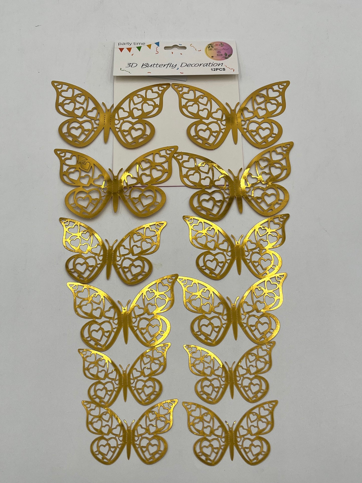 Heart Wings 3D Gold Butterfly Decoration, 12 pcs for weddings, floral, birthday, and party décor. Sold retail & wholesale by floralsuppliespoint1.com.