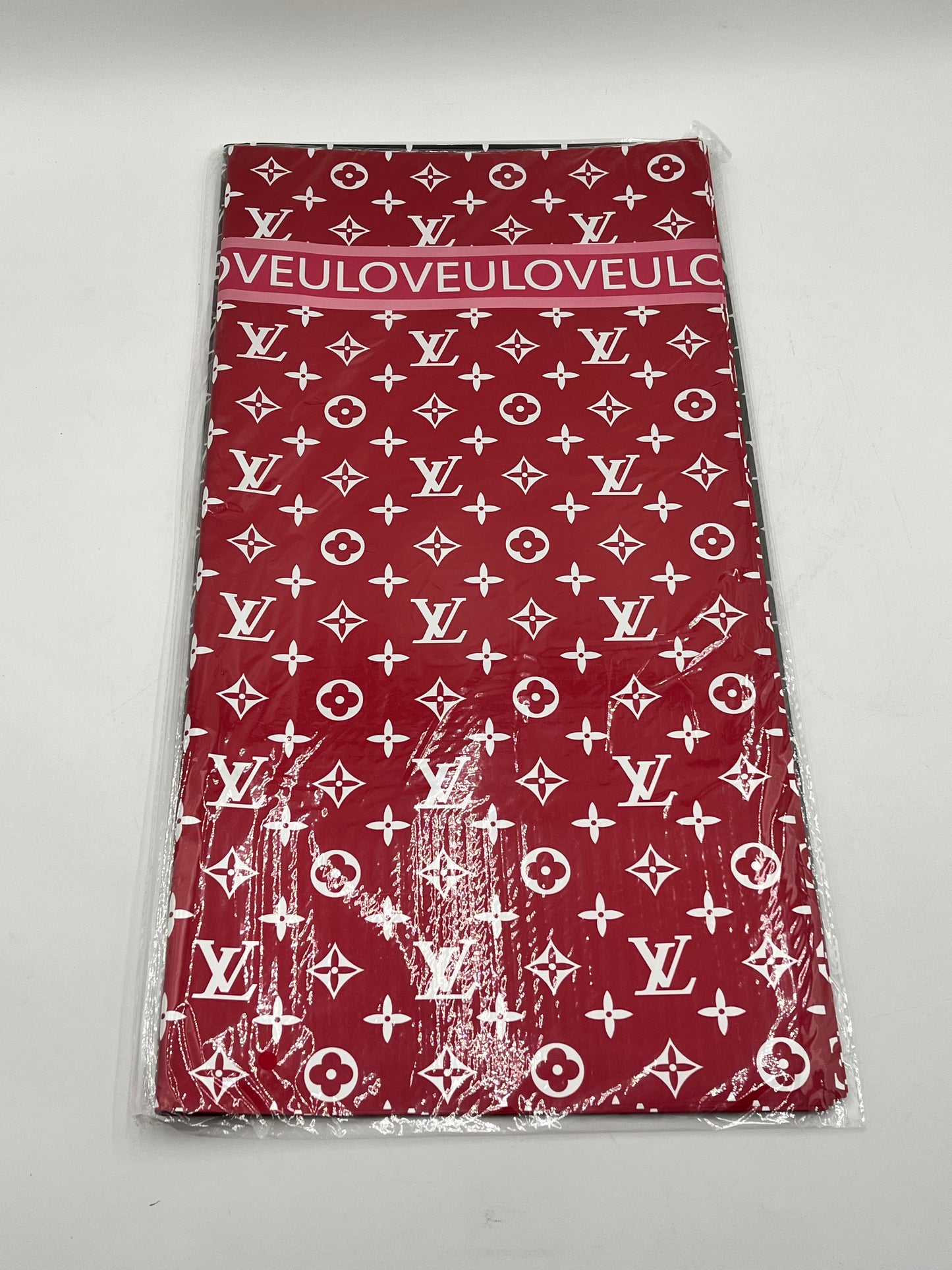 LOVEU LV Luxe Set wrapping paper in Red wine with iconic LV monogram. 20 sheets of 22"x22", Sold by floralsuppliespoint1.com for $9.99