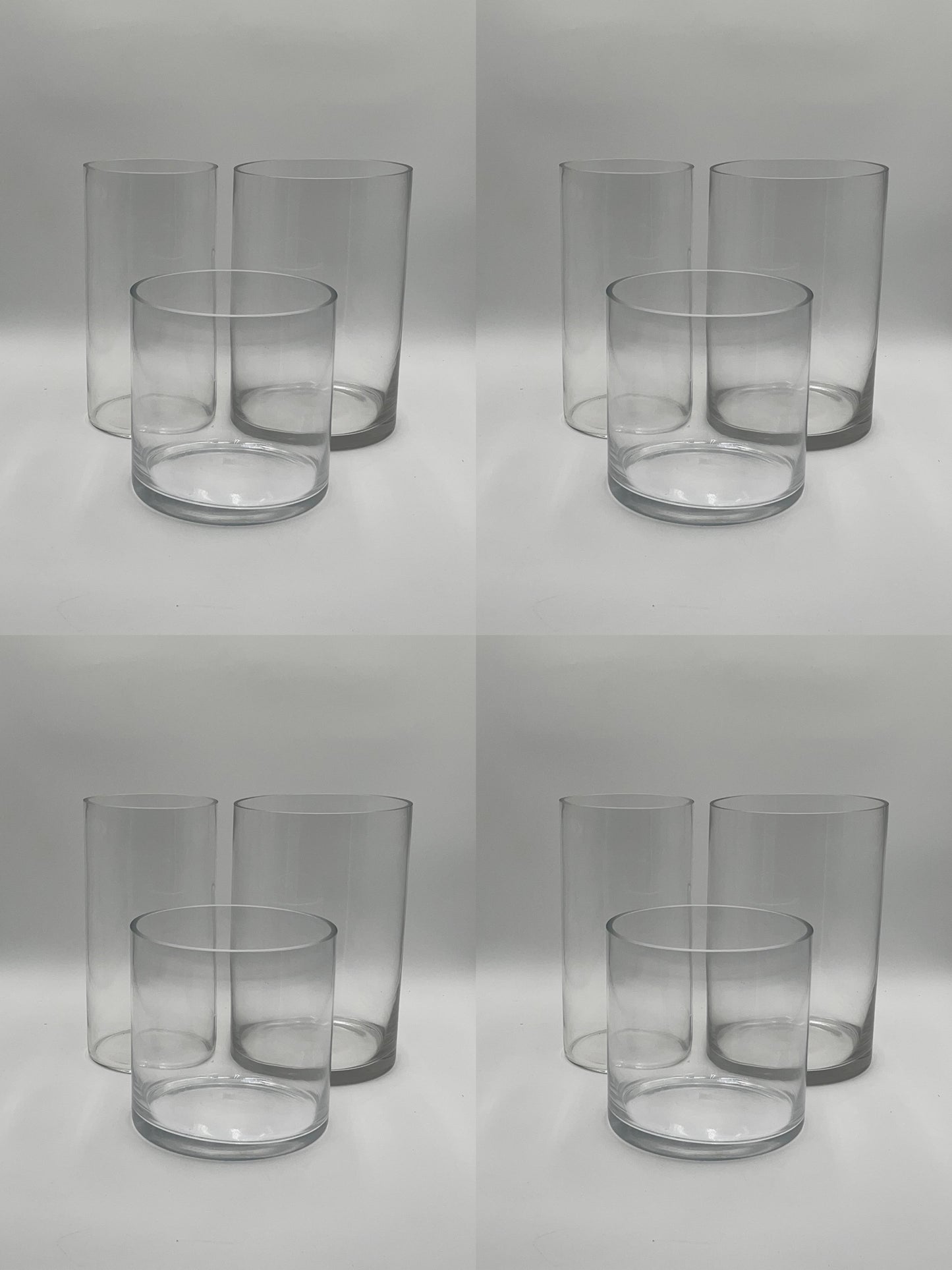 LuxeRound Cylinder Trio clear glass vases in small, medium, and large sizes for floral arrangements, home décor, or event use. Available individually and bulk at floralsuppliespoint1.com.