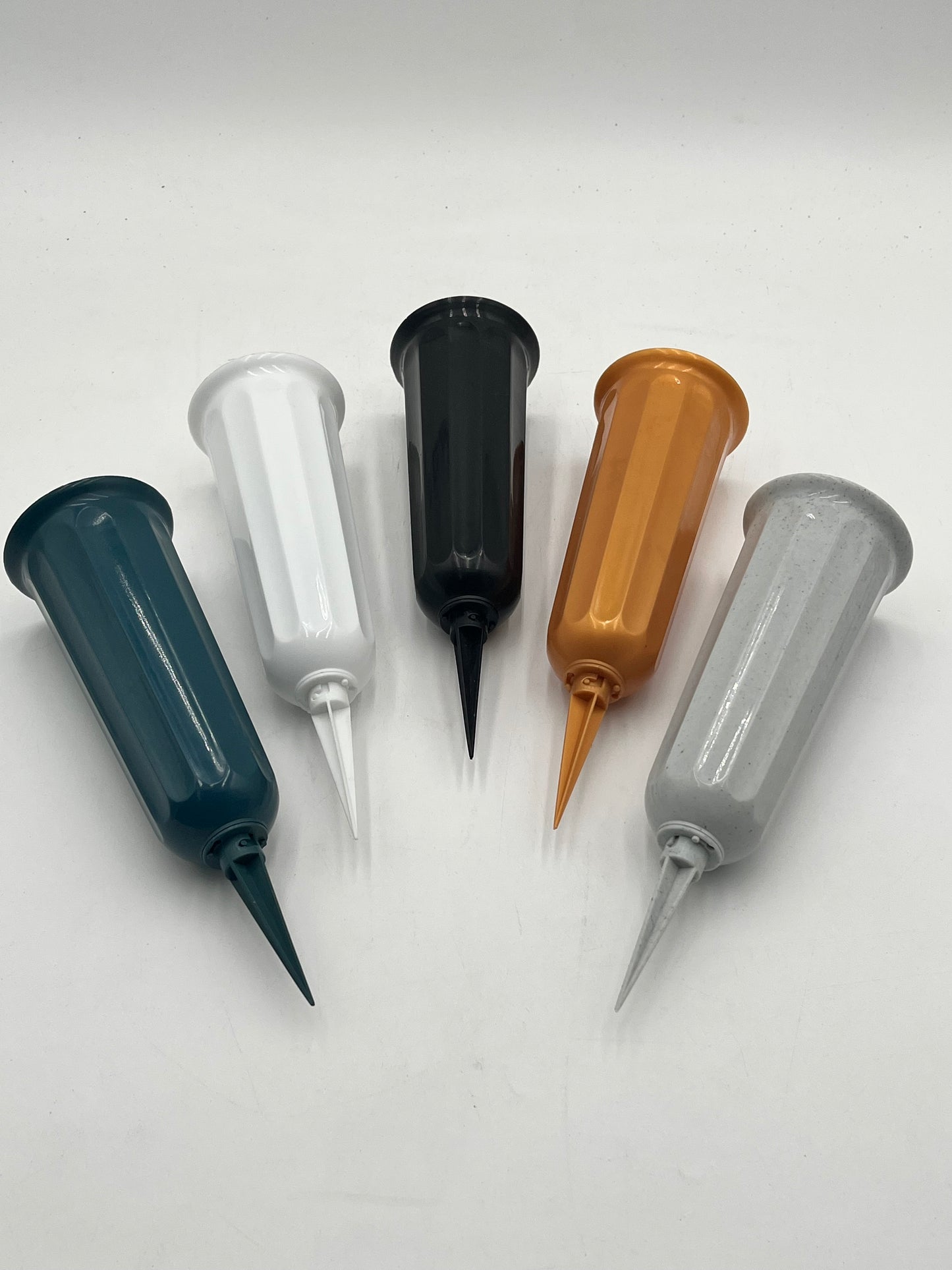 Cemetery flower holders with ground spikes in green, white, black, gold & grey. Durable outdoor vases sold by floralsuppliespoint1.com
