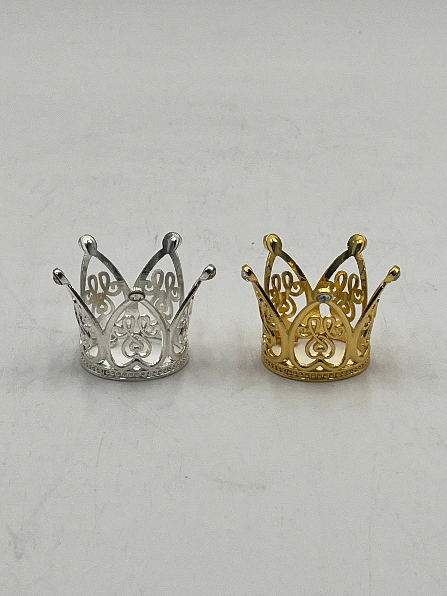 Mini gold & silver crowns for floral arrangements, cakes, and party favors. Perfect for weddings, showers & crafts. Sold individually or wholesale by floralsuppliespoint1.com
