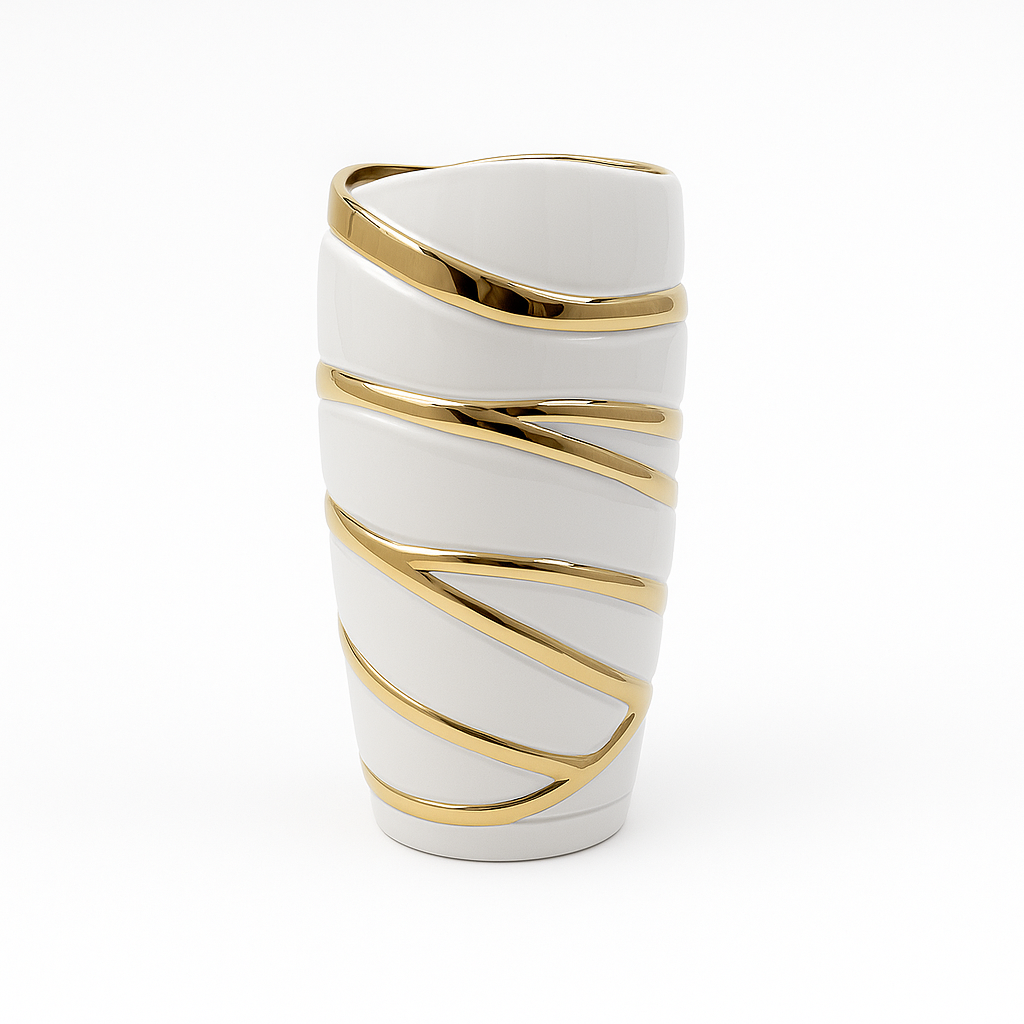 Mistic G 10 x 3 ceramic white vase with gold swirls sold for $15.99 by floralsuppliespoint1.com