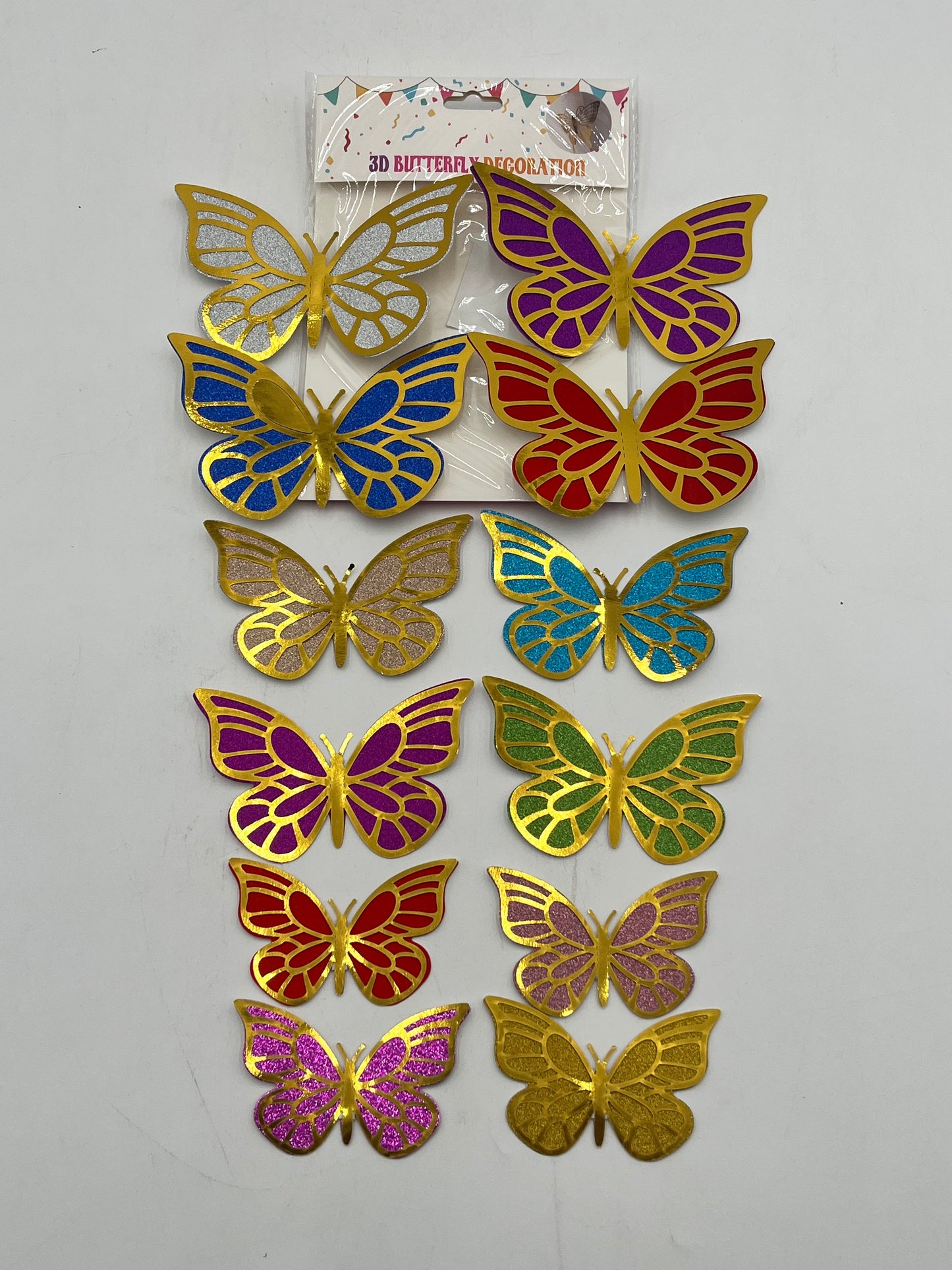 Multicolor 3D Butterfly Decoration, 12 gold-edged pieces for floral, wedding, event & party décor. Sold by floralsuppliespoint1.com retail & wholesale.