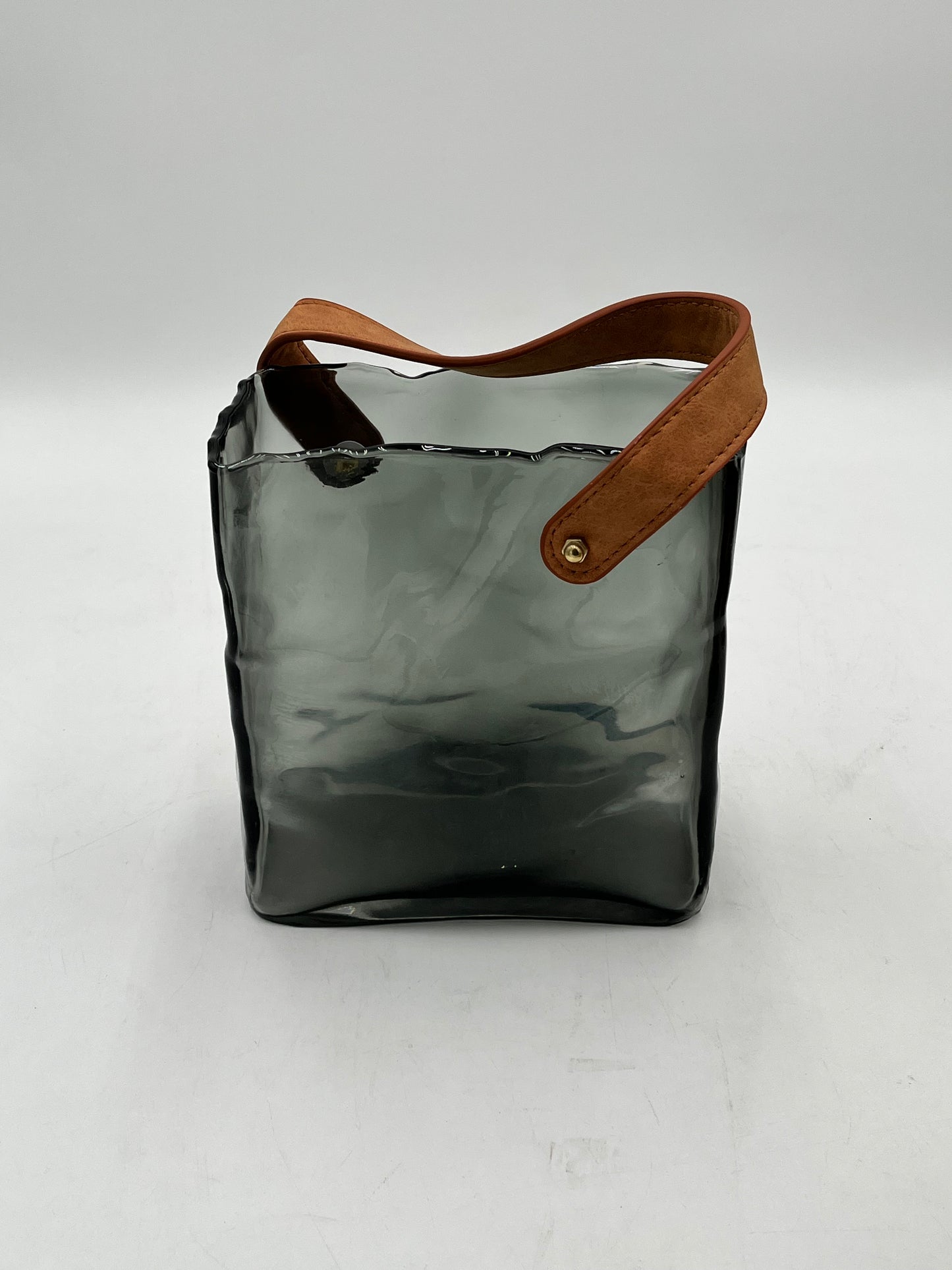 Nomad Tote glass vase with suede handle in smoke gray, medium size. Modern décor sold by floralsuppliespoint1.com