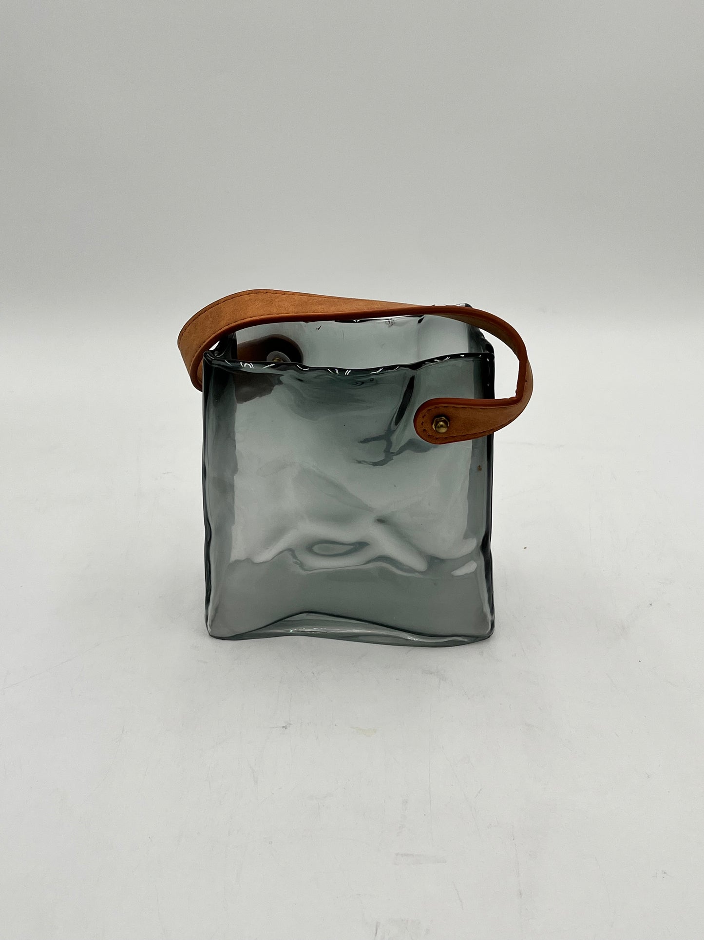 Nomad Tote glass vase with suede handles in smoke gray, small size. Modern décor sold by floralsuppliespoint1.com