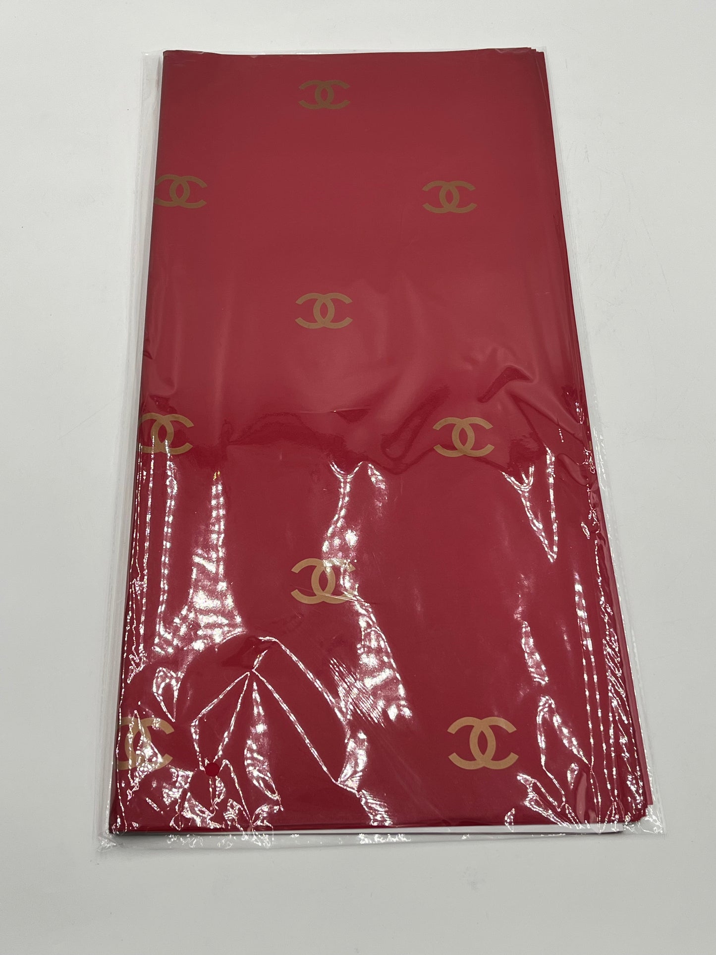 Paris Luxe CC Collection– in red wine, designer-inspired wrapping papers with gold & black logos. 20 sheet pack for $9.99 each by floralsuppliespoint1.com