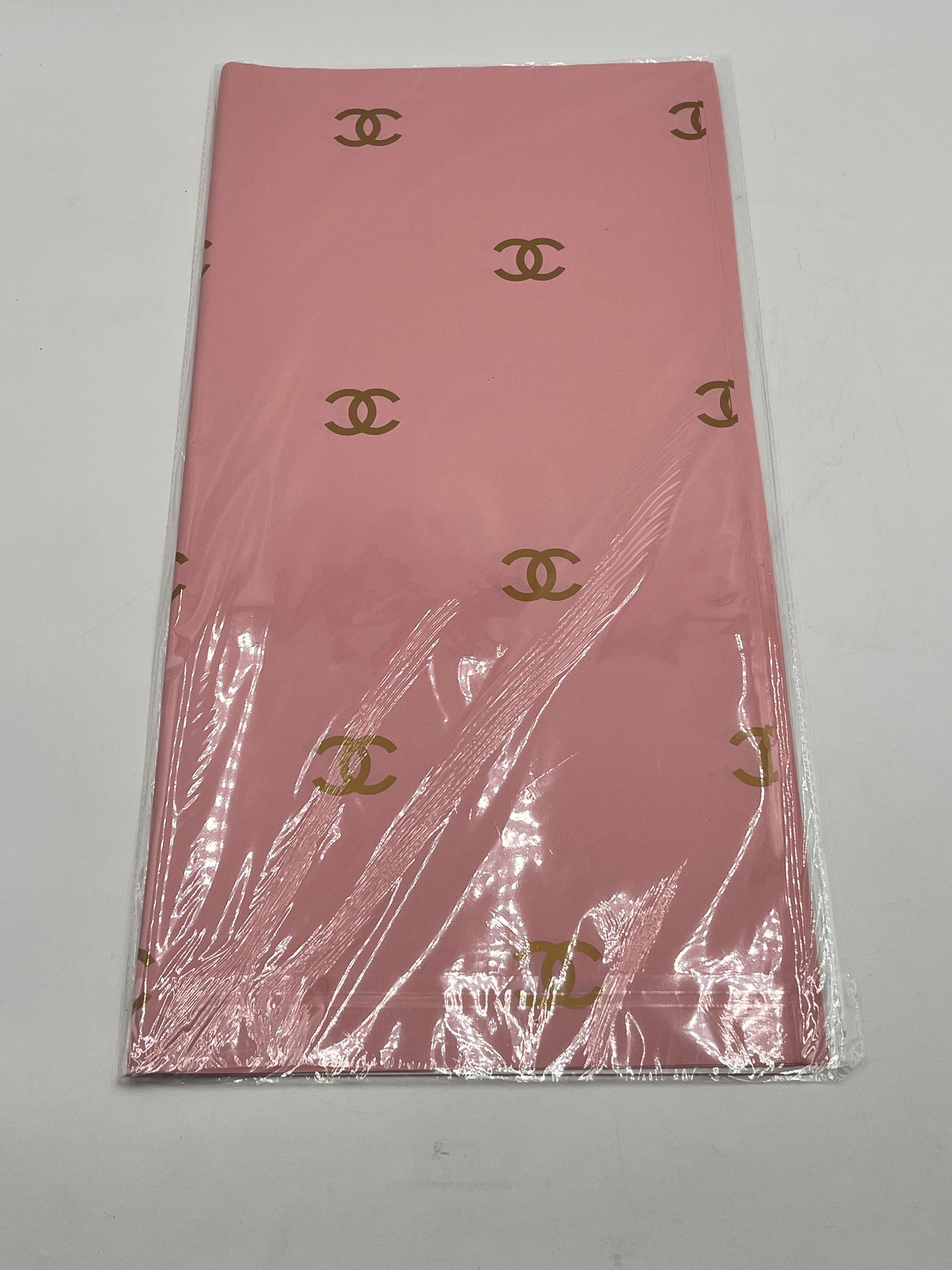 Paris Luxe CC Collection– in soft pink, designer-inspired wrapping papers with gold & black logos. 20 sheet pack for $9.99 each by floralsuppliespoint1.com