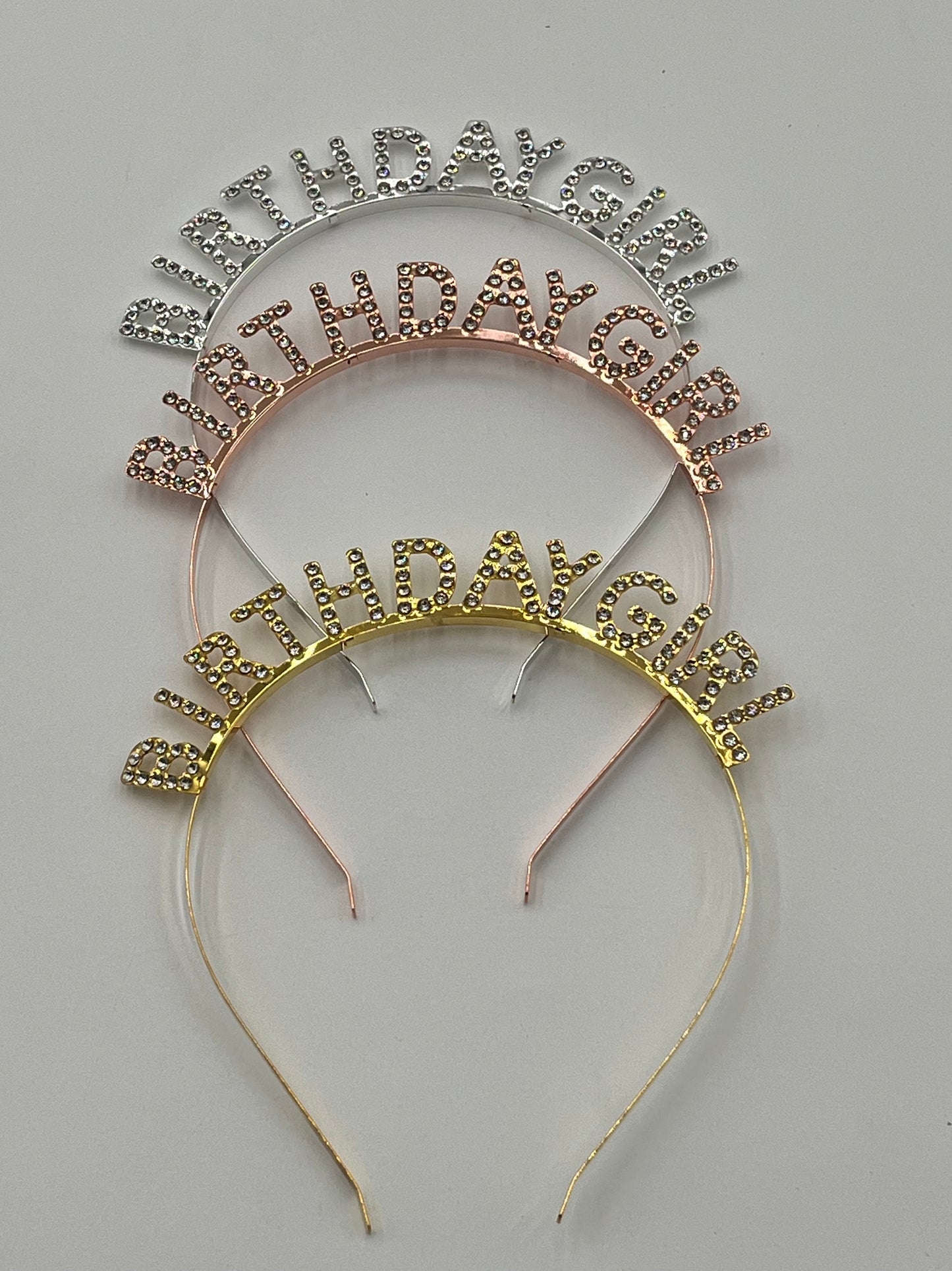 Rhinestone “Birthday Girl” Headband in gold, rose gold & silver, sold retail & wholesale by floralsuppliespoint1.com. Ideal for parties & birthdays.