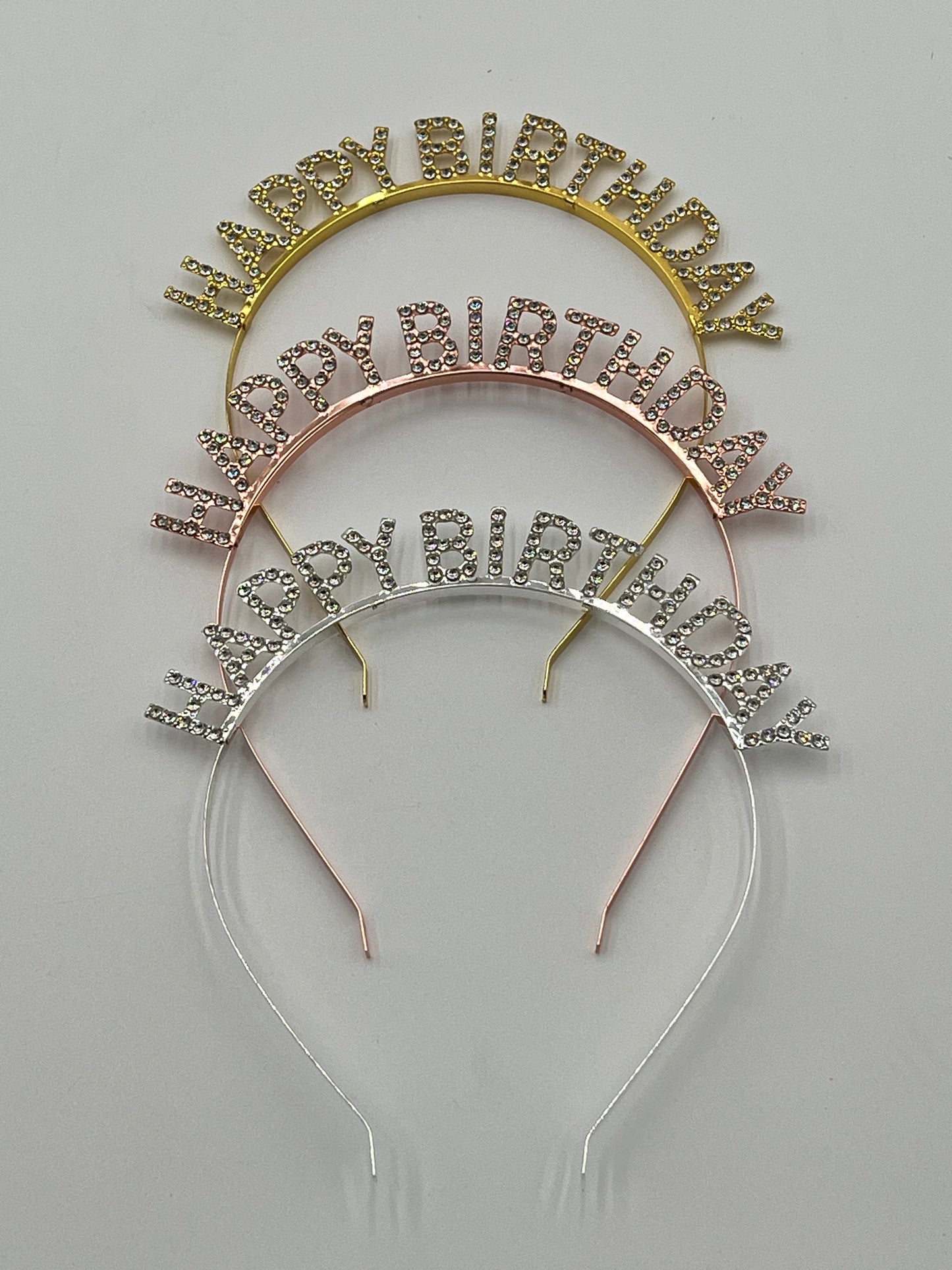 Rhinestone Happy Birthday headbands in gold, rose gold, and silver – sold by floralsuppliespoint1.com