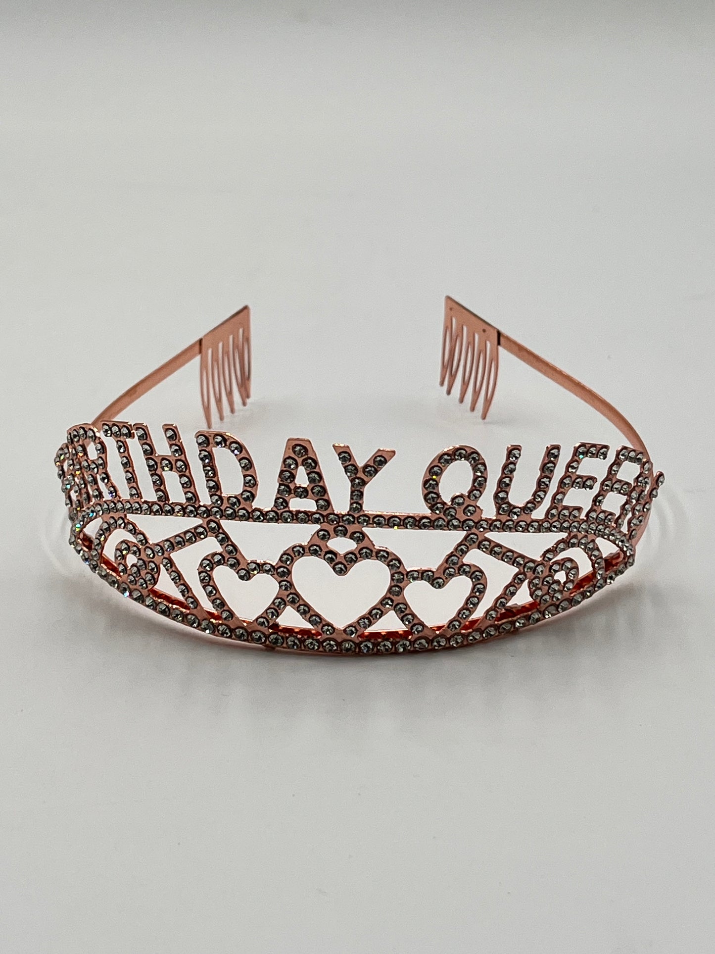 Rhinestone “Birthday Queen” tiaras in gold, rose gold & silver with heart accents, sold retail & wholesale by floralsuppliespoint1.com.