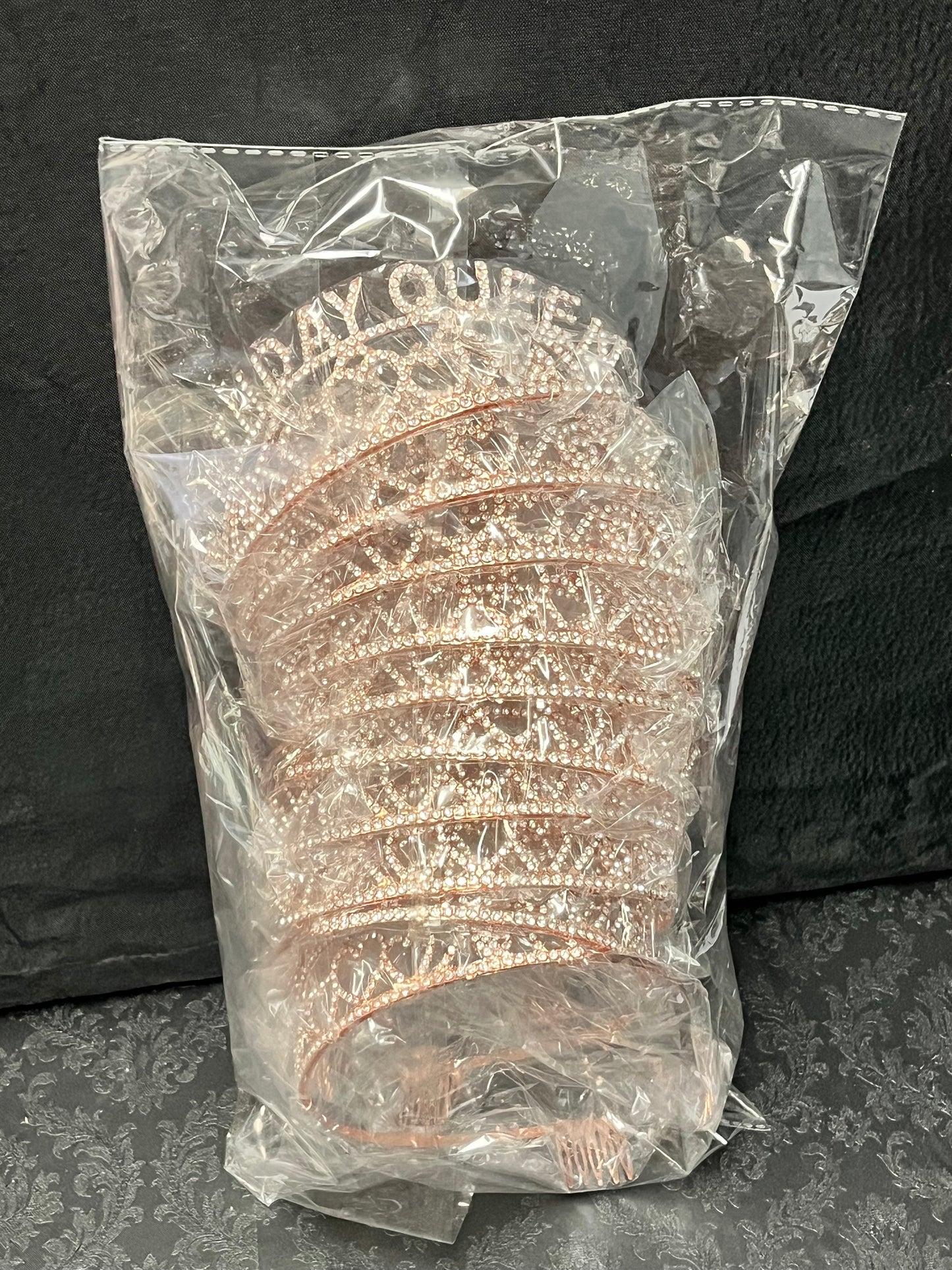 Rhinestone “Birthday Queen” tiaras in gold, rose gold & silver with heart accents, sold wholesale $34.99 by floralsuppliespoint1.com.