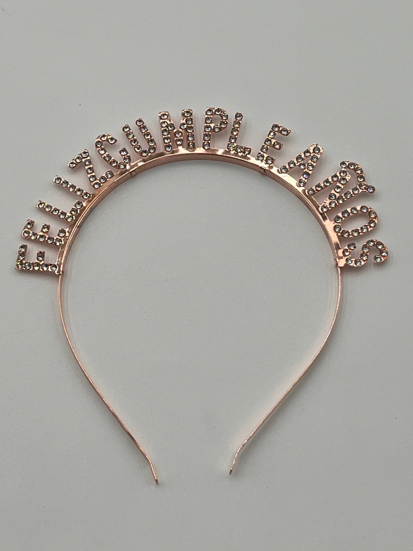 Rose gold Rhinestone "Feliz Cumpleaños" headband, 5" tall, sold retail & wholesale by floralsuppliespoint1.com.