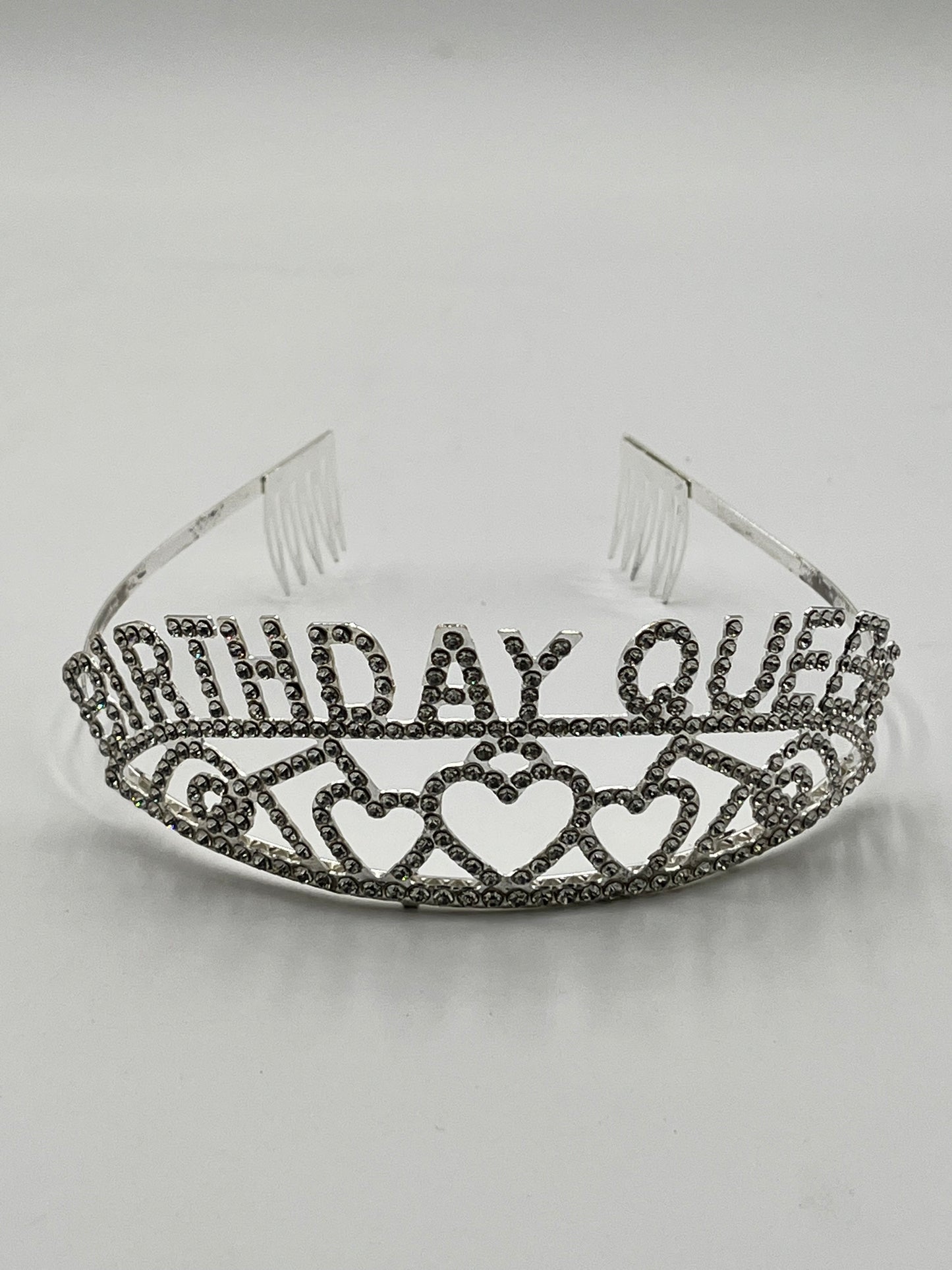 Rhinestone “Birthday Queen” tiaras in gold, rose gold & silver with heart accents, sold retail & wholesale by floralsuppliespoint1.com.