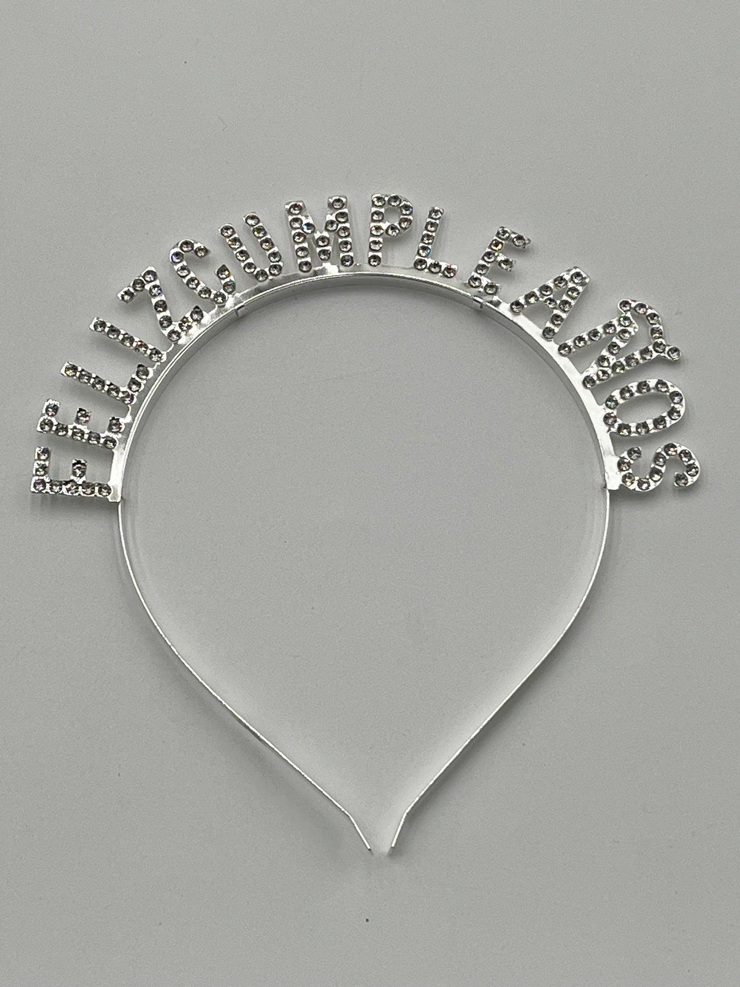 Silver Rhinestone "Feliz Cumpleaños" headbands, 5" tall, sold retail & wholesale by floralsuppliespoint1.com.