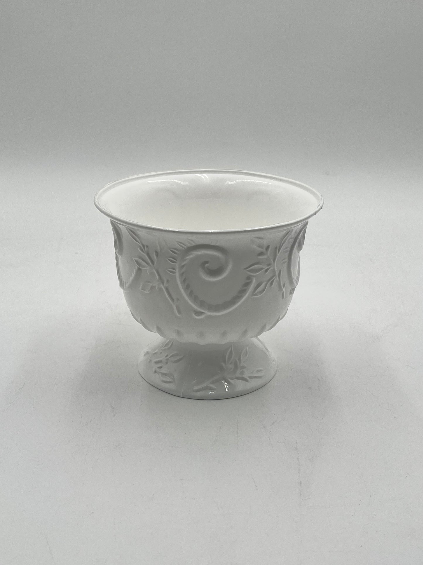 White Empress Urn small. Elegant scrollwork pedestal urns for floral designs, décor, centerpieces or events- sold by floralsuppliespoint1.com