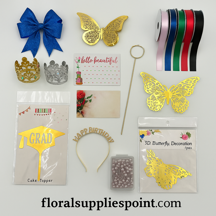 An assortment of floral accessories from floralsuppliespoint1.com including mini crowns, tiaras, gift ribbons, bows, cake toppers, pearl pins, 3D butterflies, and greeting cards, displayed for retail and wholesale customers.