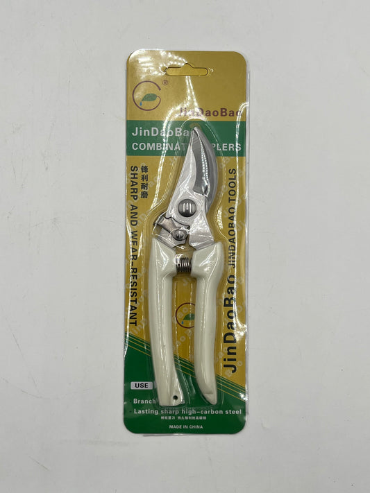 7" curved blade floral shears with white handle & locking mechanism, sold individually for $6.99 at floralsuppliespoint1.com.