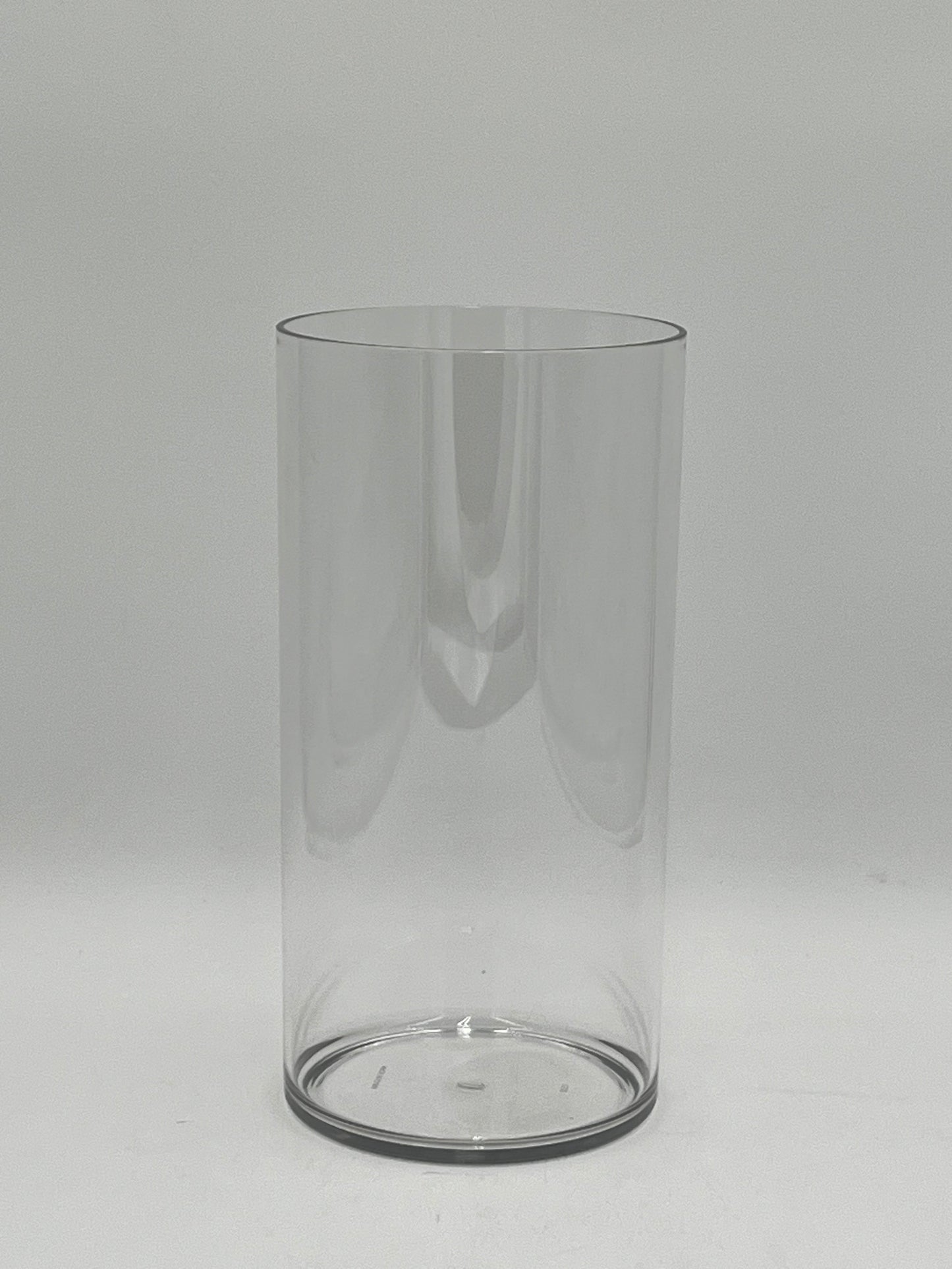 Clear plastic cylinder vases in four sizes for floral design, candles, or decor use. Lightweight and modern. Sold individually by floralsuppliespoint1.com.
