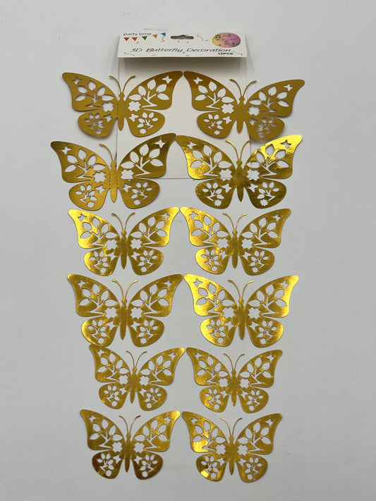 Blossom Wings Gold 3D Butterfly Decoration, 12 pcs for weddings, parties, floral and cake décor. Retail & wholesale by floralsuppliespoint1.com.