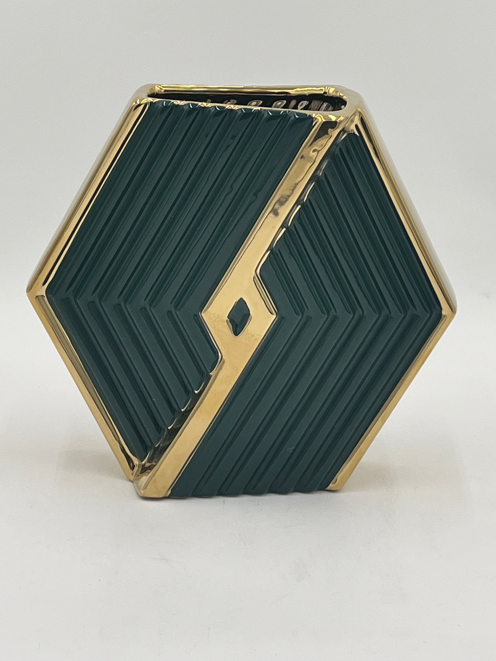 A hexagonal ceramic vase with gold trim in green, 9" x 4" and 3 lbs, ideal for floral designs. Available at floralsuppliespoint1.com
