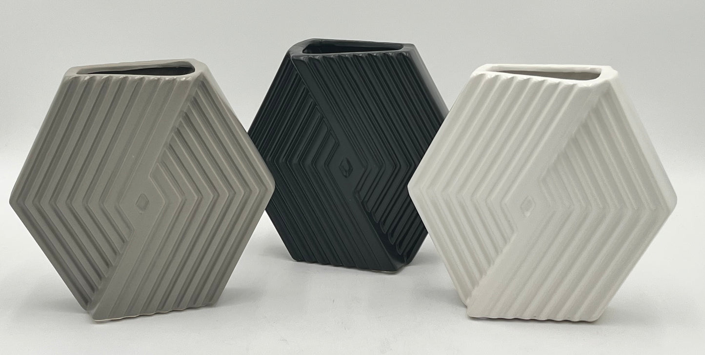 Chevron Crest Mini ceramic vases in matte black, grey, and white with geometric texture, sold by floralsuppliespoint1.com for modern floral arrangements or decor.