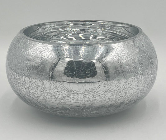 The Floral Supplies Point Crystallo Basin 5.25 x 7.25 Op is a round, silver bowl with a wide opening, featuring a reflective crackled exterior and smooth shiny interior, shown against a plain light gray background.