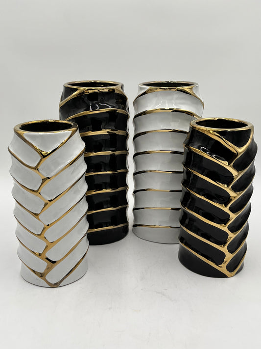 Set of two ceramic vases with a modern chevron design with gold accents in black or white, sold by floralsuppliespoint1.com