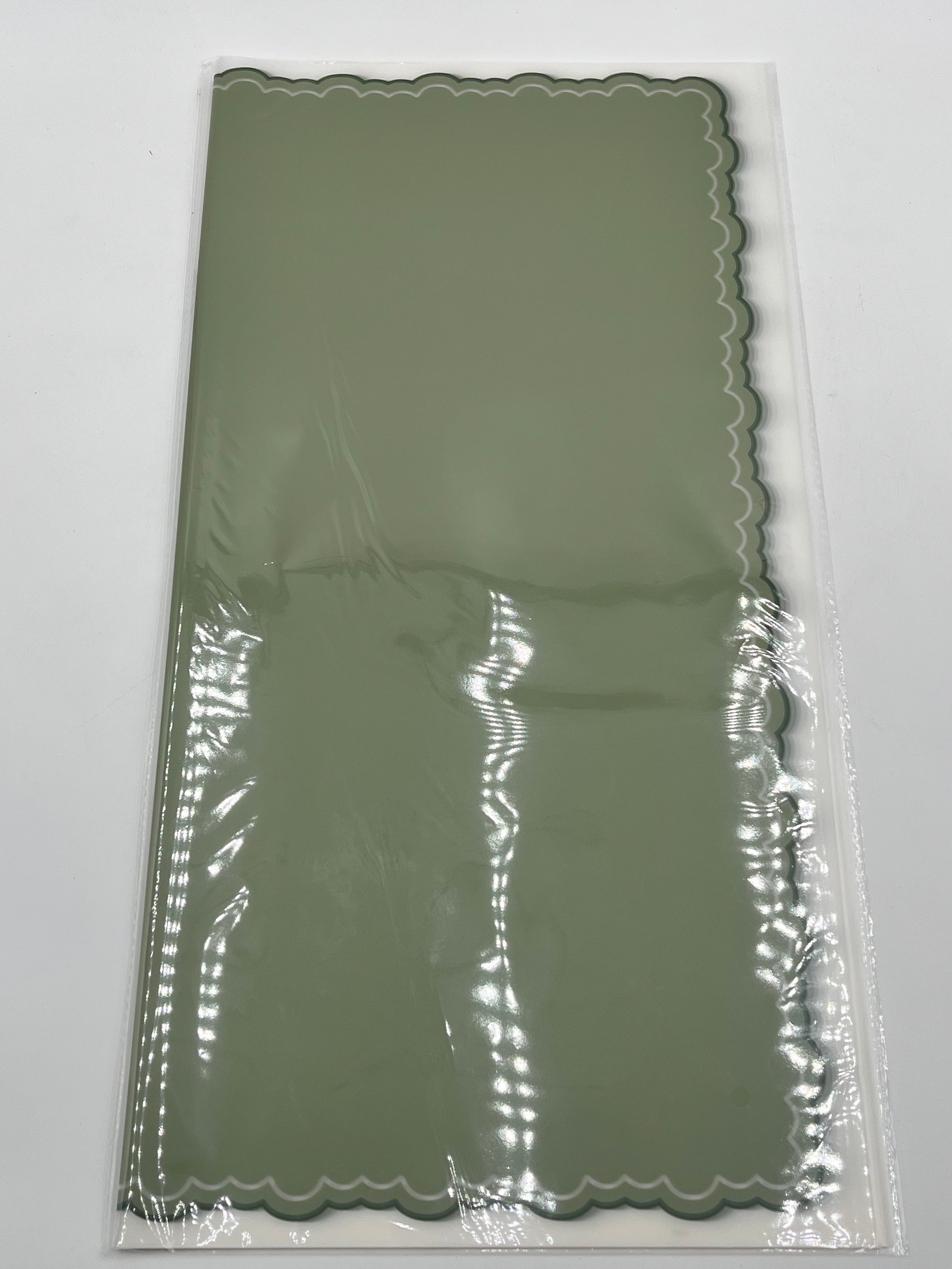 Olive Green elegant scalloped wrapping paper, 22 in x 22 in, packs of 20 for $9.99. Perfect for flowers, gifts & crafts, sold by floralsuppliespoint1.com
