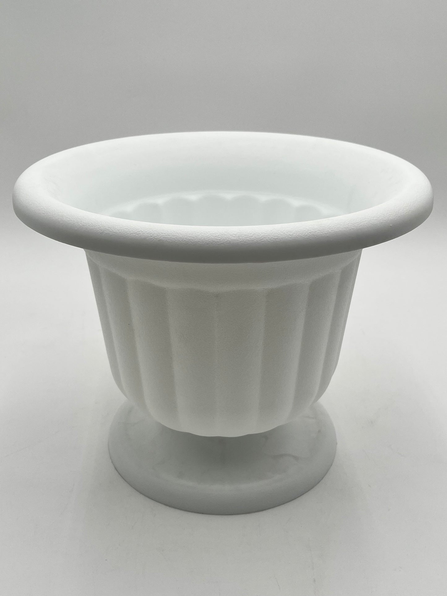 Elegant white two-piece urn short 9x10 size, ideal for floral arrangements, events or memorial décor. Sold @ floralsuppliespoint1.com