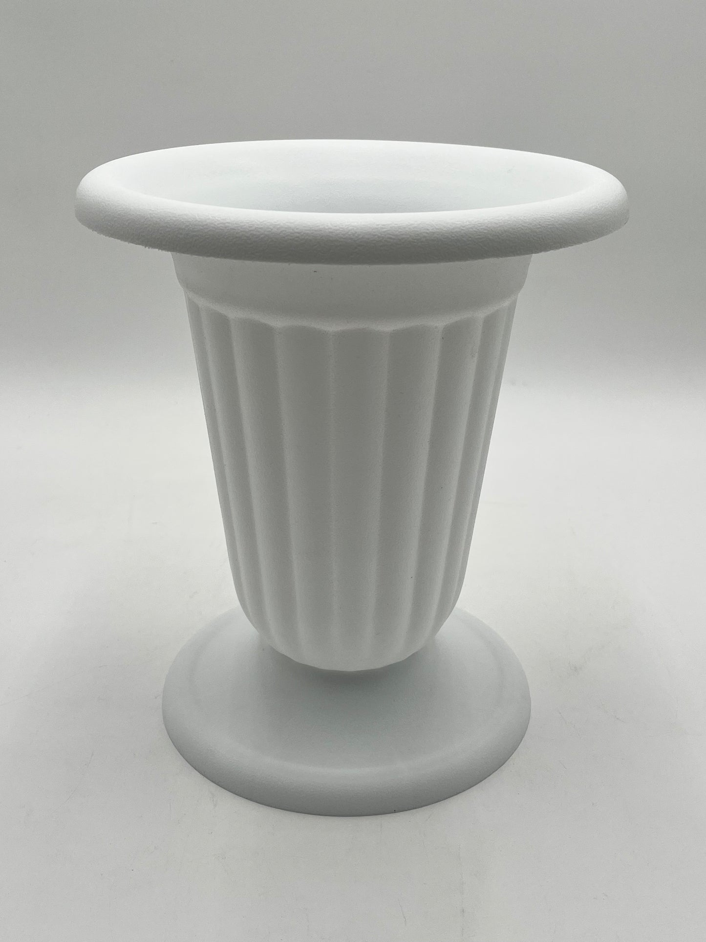 Elegant white two-piece urn in tall 11x8 size, ideal for floral arrangements, events or memorial décor. Sold @ floralsuppliespoint1.com