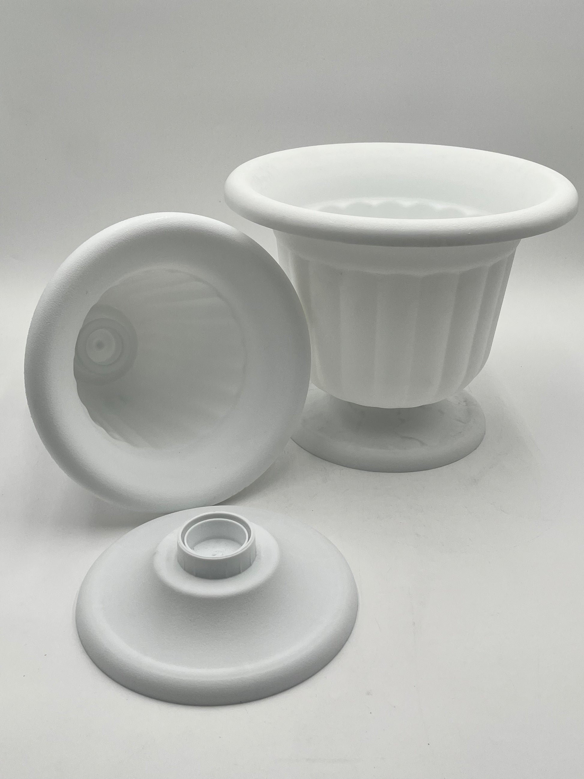 Elegant white two-piece urns in tall 11x8 and short 9x10 sizes, ideal for floral arrangements, events or memorial décor. Sold @ floralsuppliespoint1.com