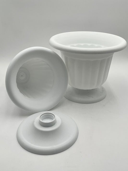 Elegant white two-piece urns in tall 11x8 and short 9x10 sizes, ideal for floral arrangements, events or memorial décor. Sold @ floralsuppliespoint1.com