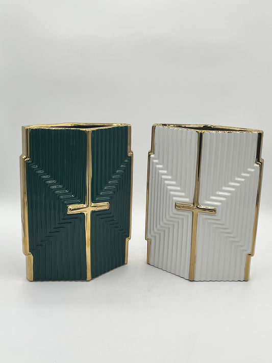 Two elegant cross-embossed ceramic vases in deep green and white with gold detailing, each measuring 11" x 7.5" and weighing 4.40 lbs, available at floralsuppliespoint1.com