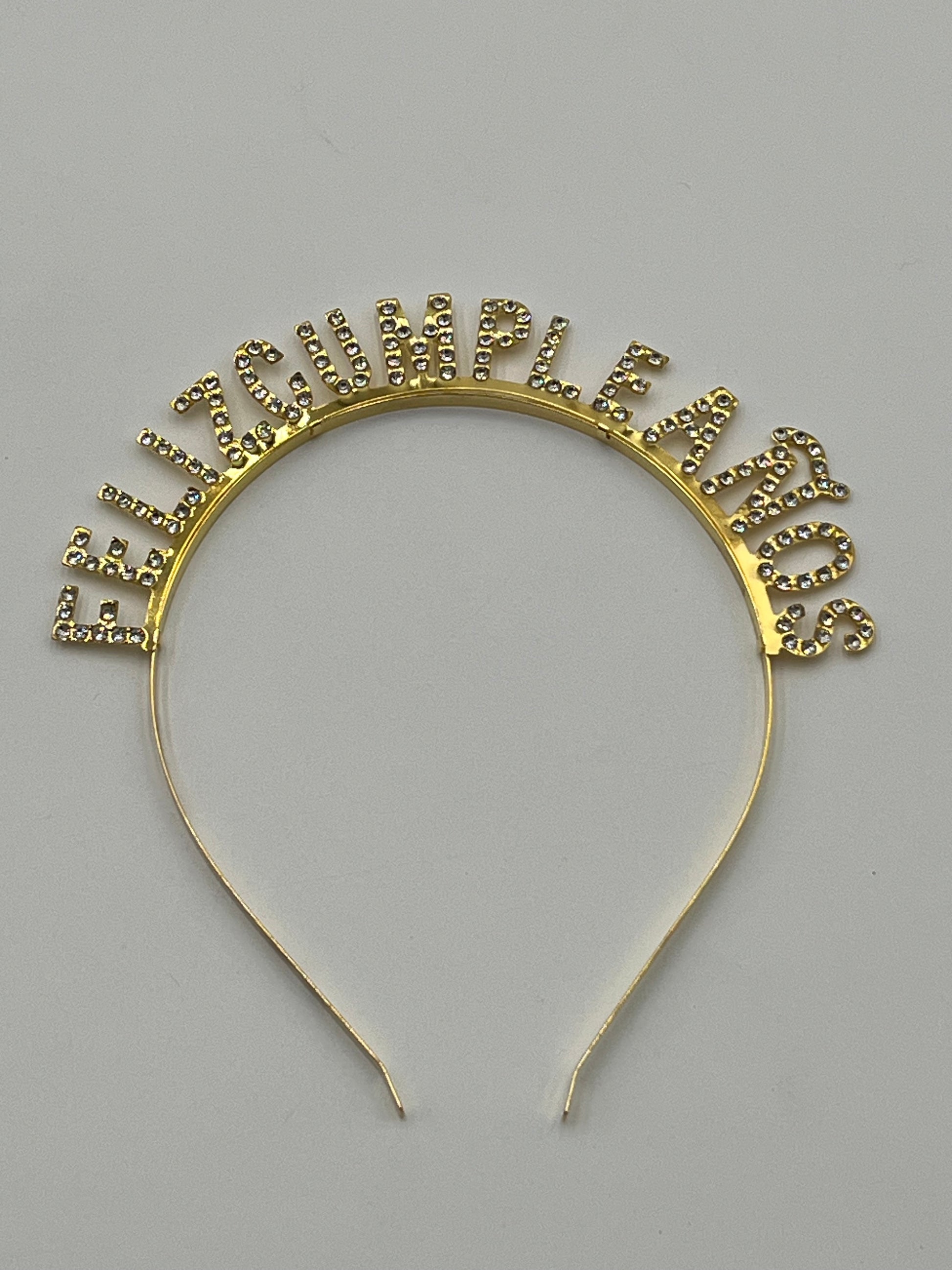 Gold Rhinestone "Feliz Cumpleaños" headband, 5" tall, sold retail & wholesale by floralsuppliespoint1.com.