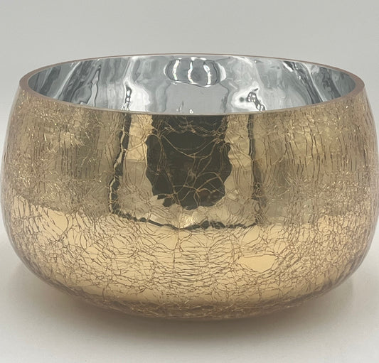 The Golden Craquelure 5.75x8.5 Op by Floral Supplies Point features a round metallic bowl with a gold craquelure finish and a reflective silver interior, embodying modern elegance against a plain white background.