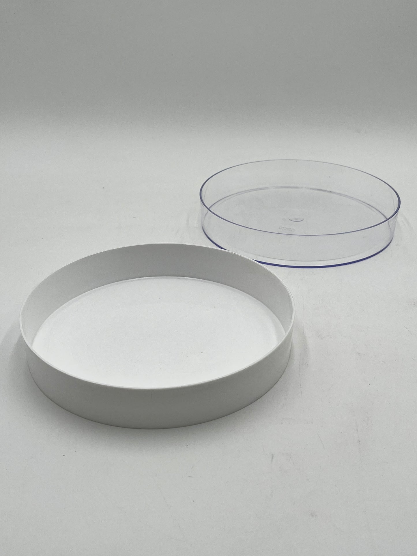9” round floral tray,1.5” deep in white & clear. Durable, stylish, ideal for events, perfect for foam-based fresh or artificial flowers. Sold by floralsuppliespoint1.com
